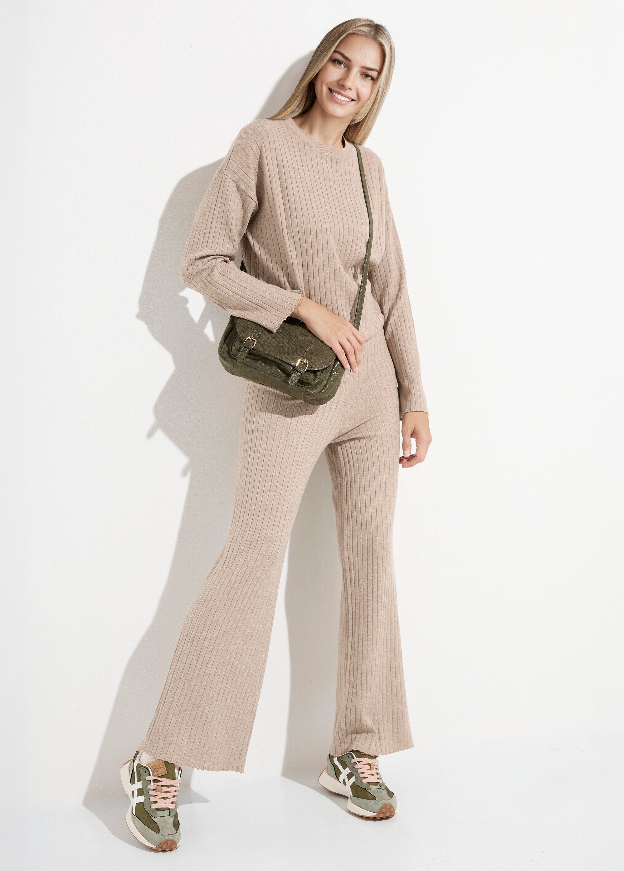 Pantalon confort, maille cotes plates Femme Beige LBC-HA3661BAS MV1