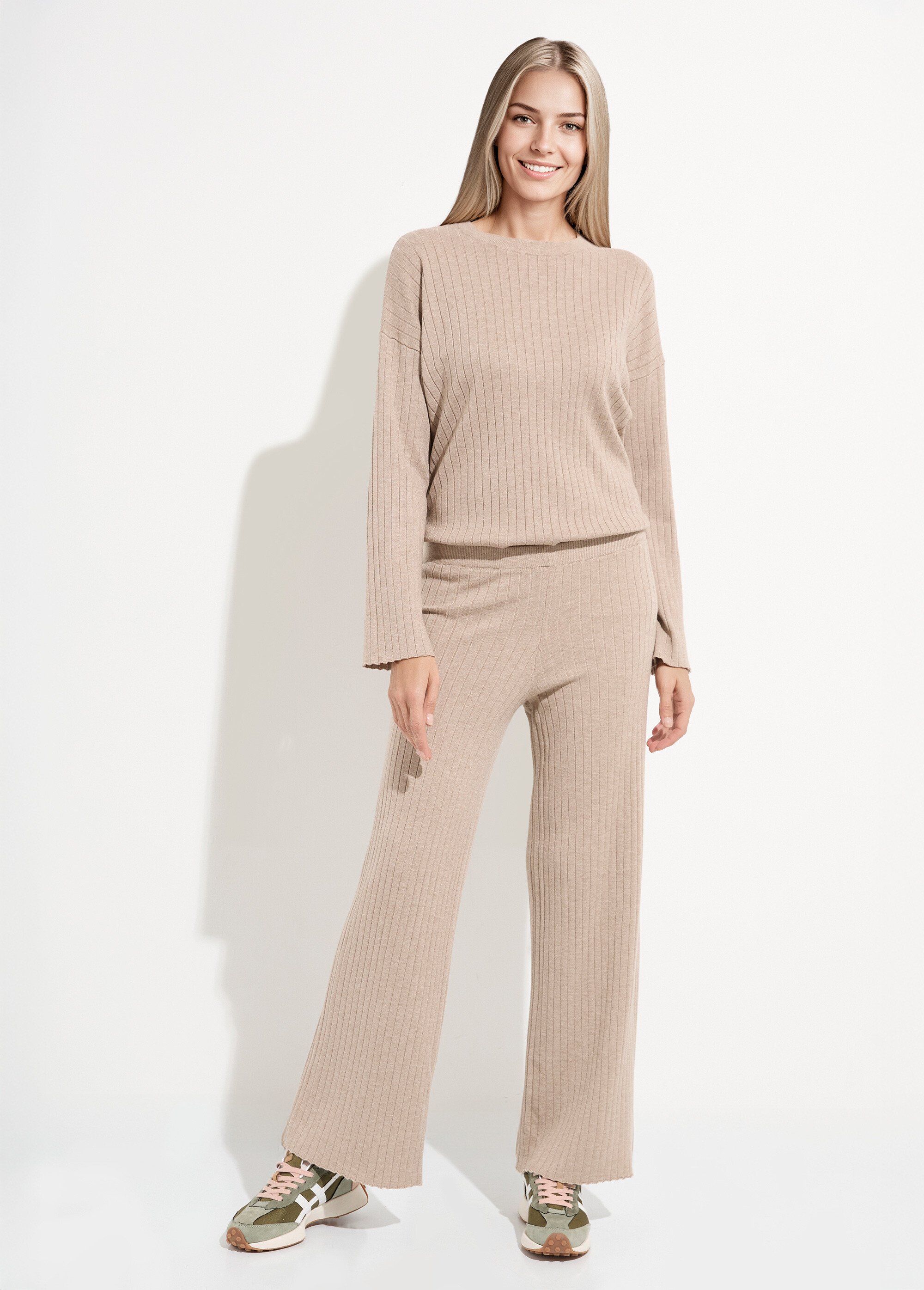 Pantalon confort, maille cotes plates Femme Beige LBC-HA3661BAS SF1