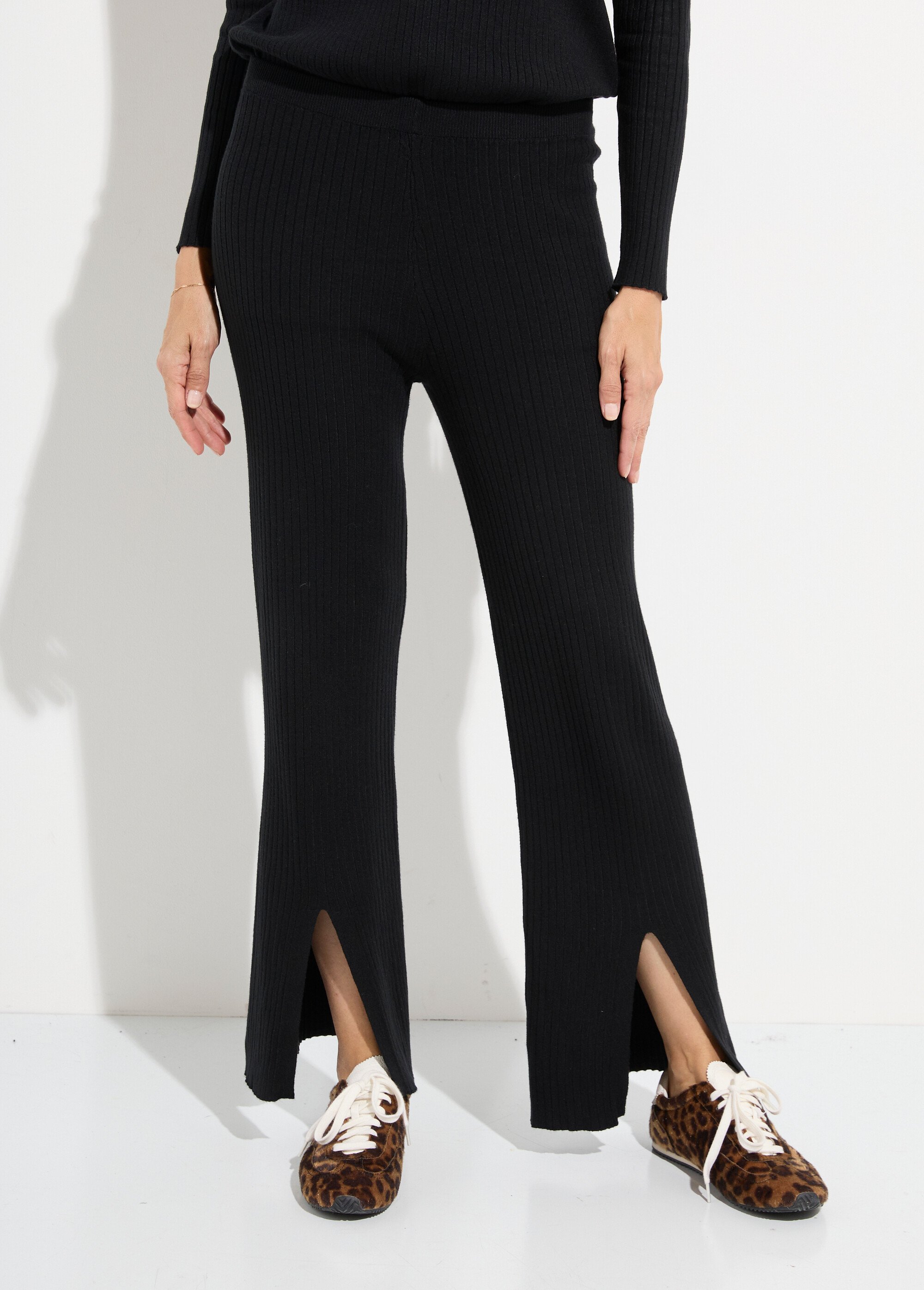 Pantalon détente en maille cotelée Femme Noir LBC-HA3757BAS FA1