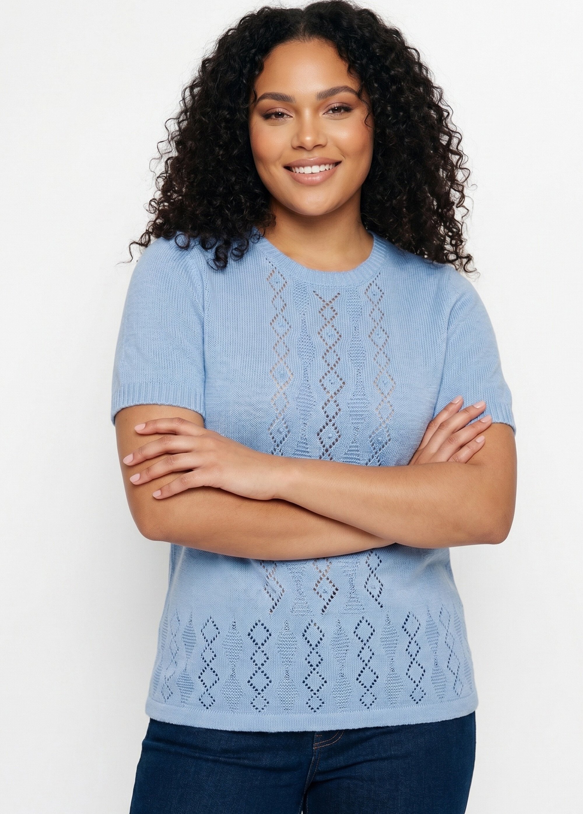 Pull ajouré perlé manches courtes Femme Grande Taille Bleu MADERNO MV1