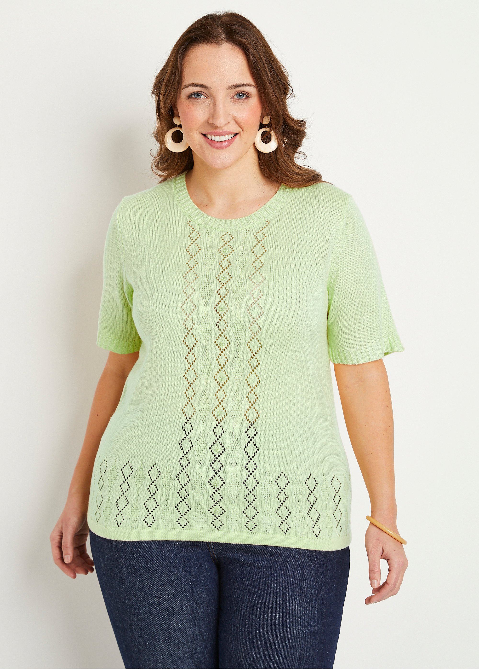 Pull ajouré perlé manches courtes