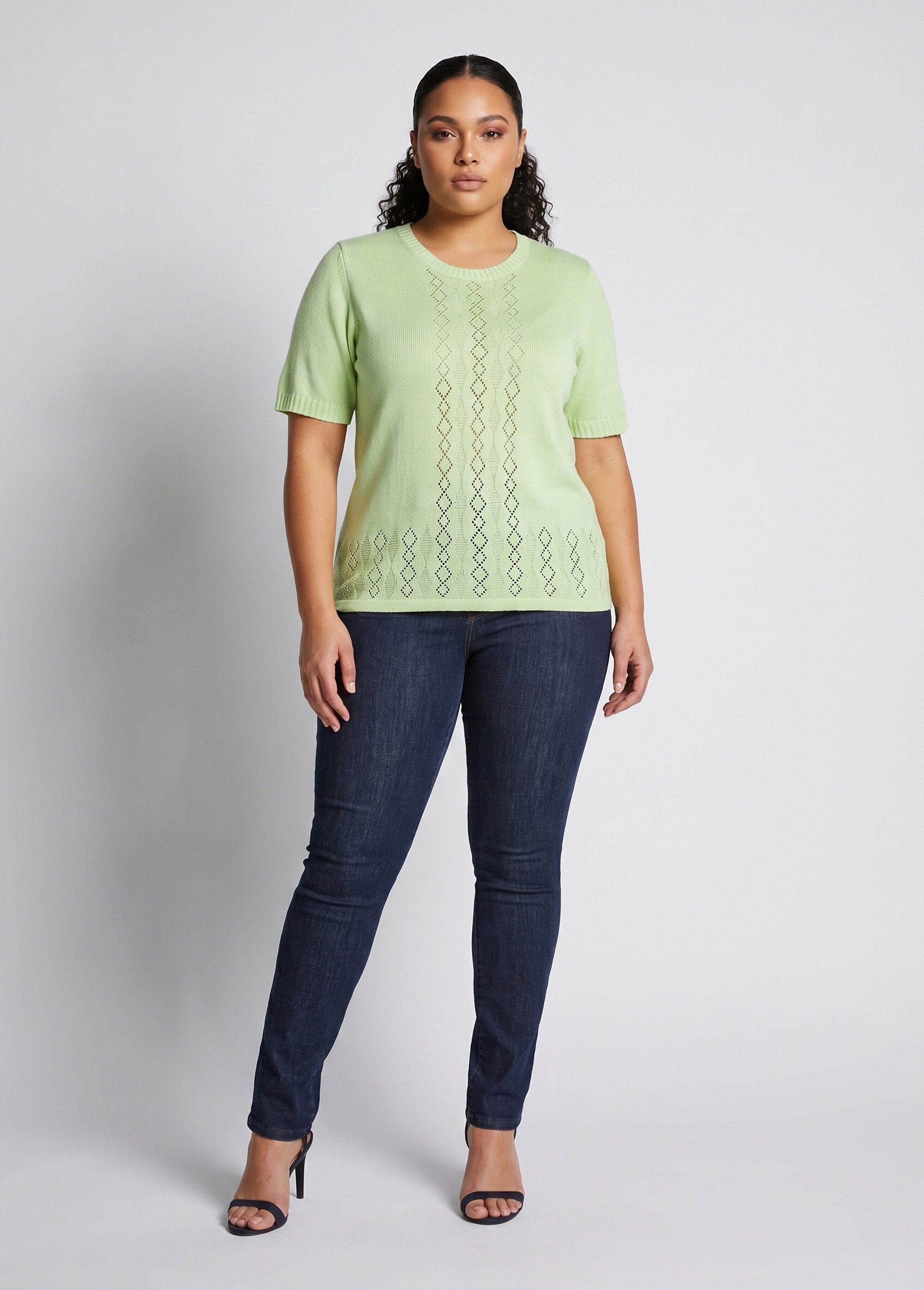 Pull ajouré perlé manches courtes Femme Grande Taille Vert MADERNO SI1