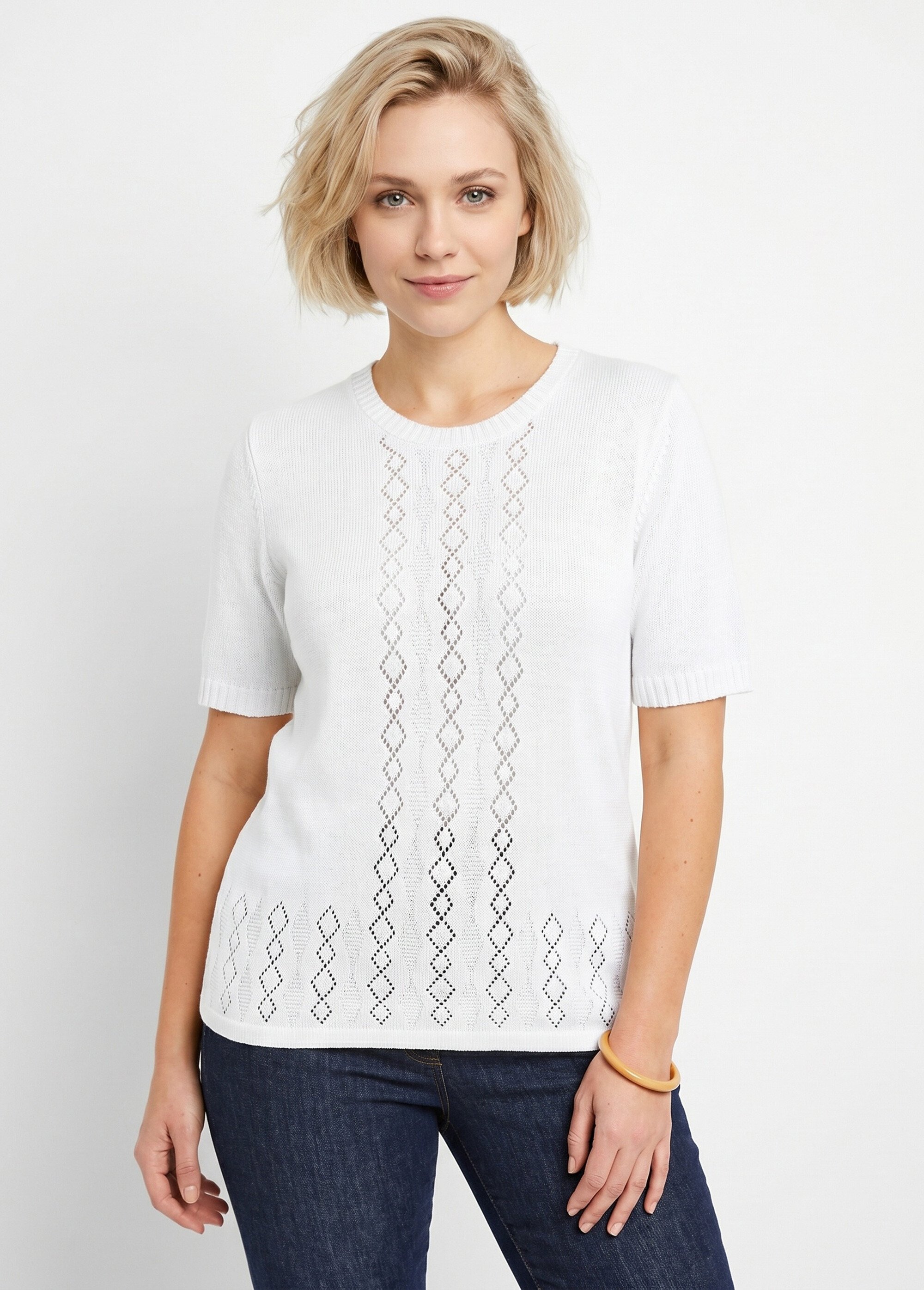Pull ajouré perlé manches courtes Femme Blanc MADERNO FA1