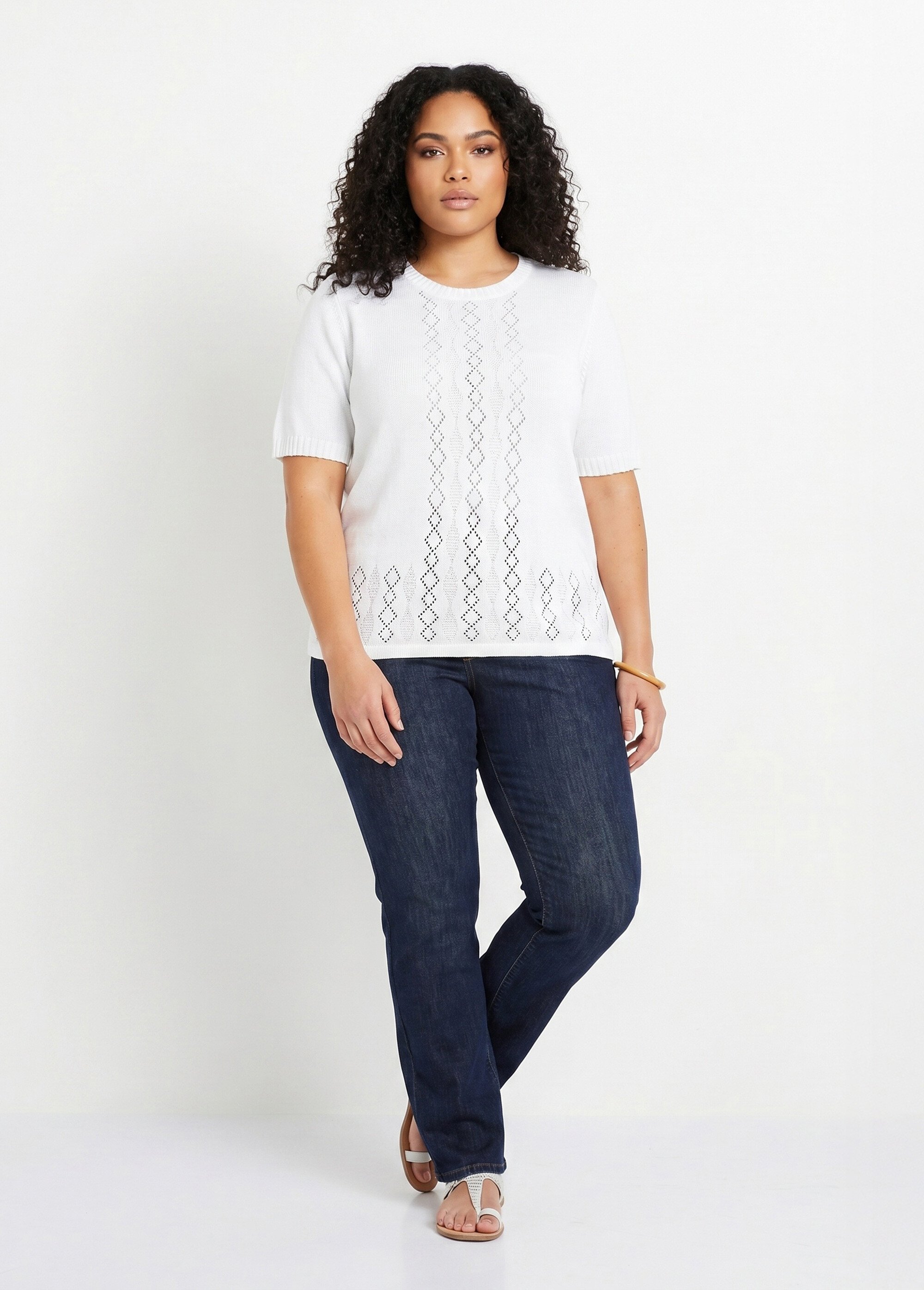 Pull ajouré perlé manches courtes Femme Grande Taille Blanc MADERNO SI1
