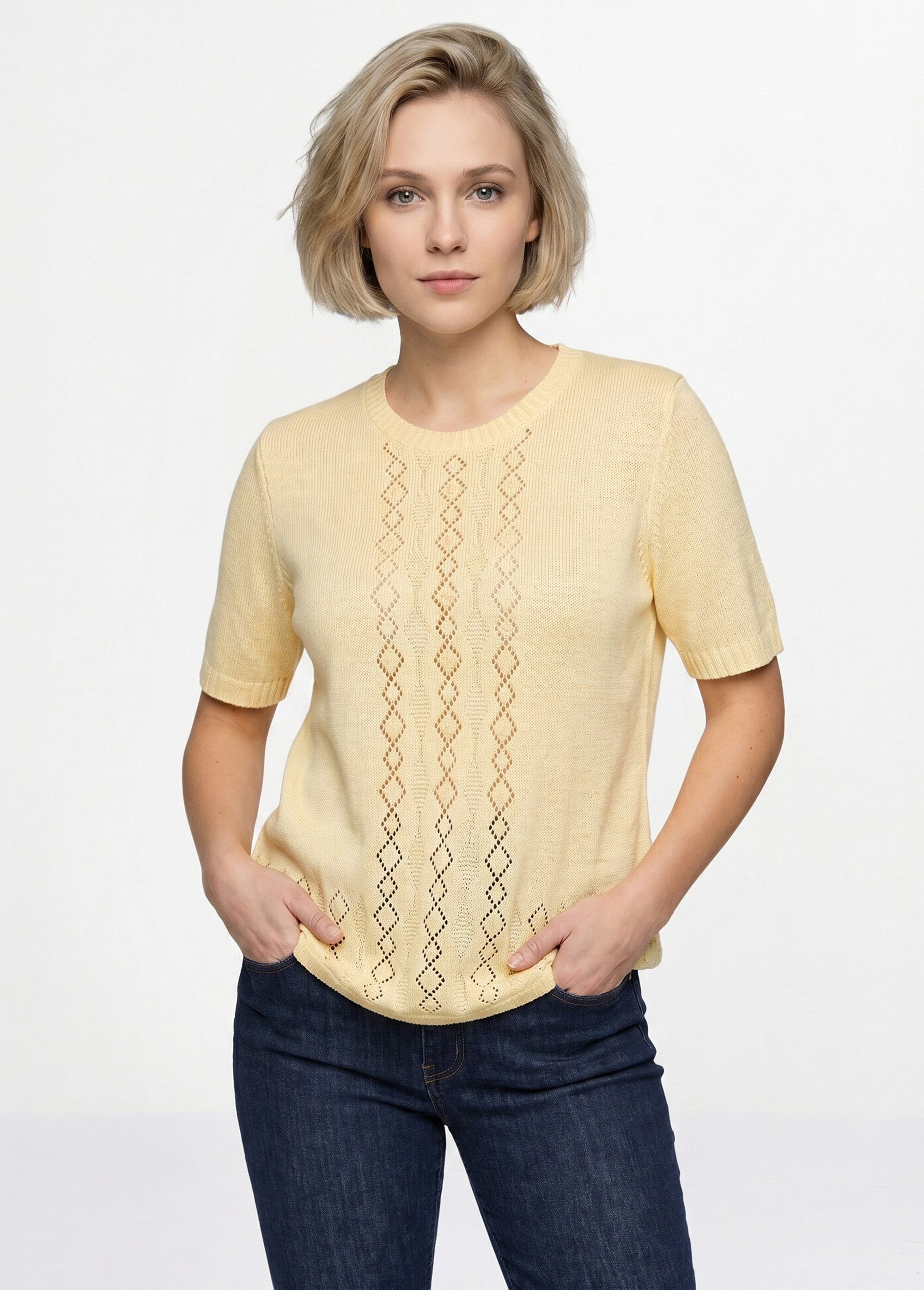 Pull ajouré perlé manches courtes Femme Jaune MADERNO FA1