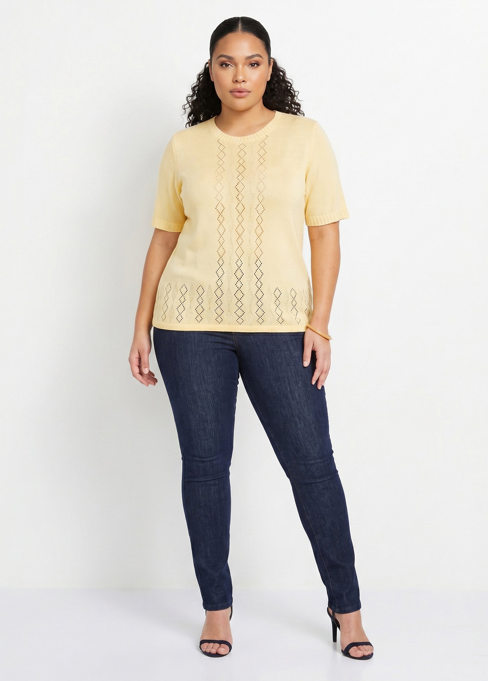 Pull ajouré perlé manches courtes Femme Grande Taille Jaune MADERNO SI1