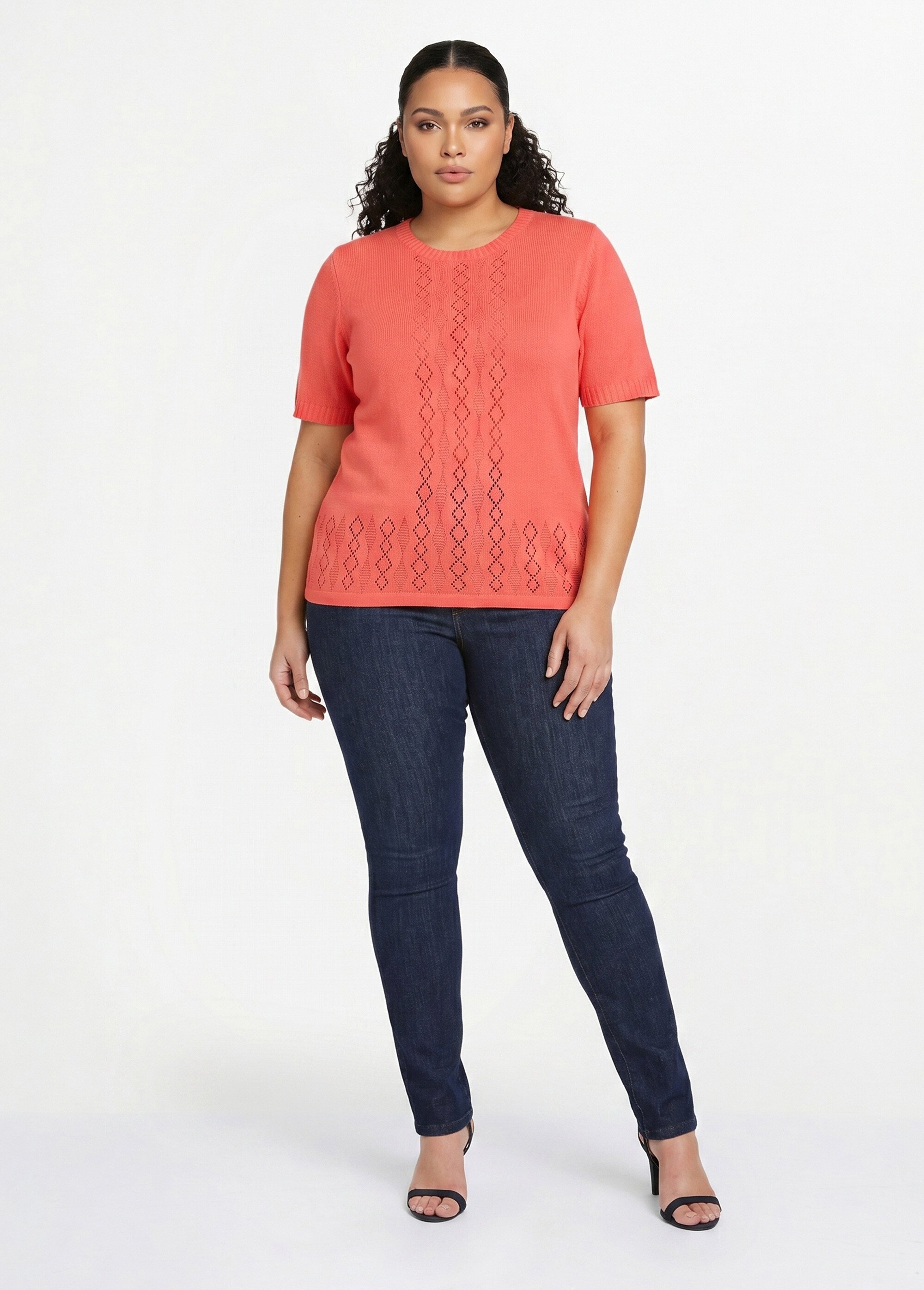 Pull ajouré perlé manches courtes Femme Grande Taille Rose MADERNO SI1