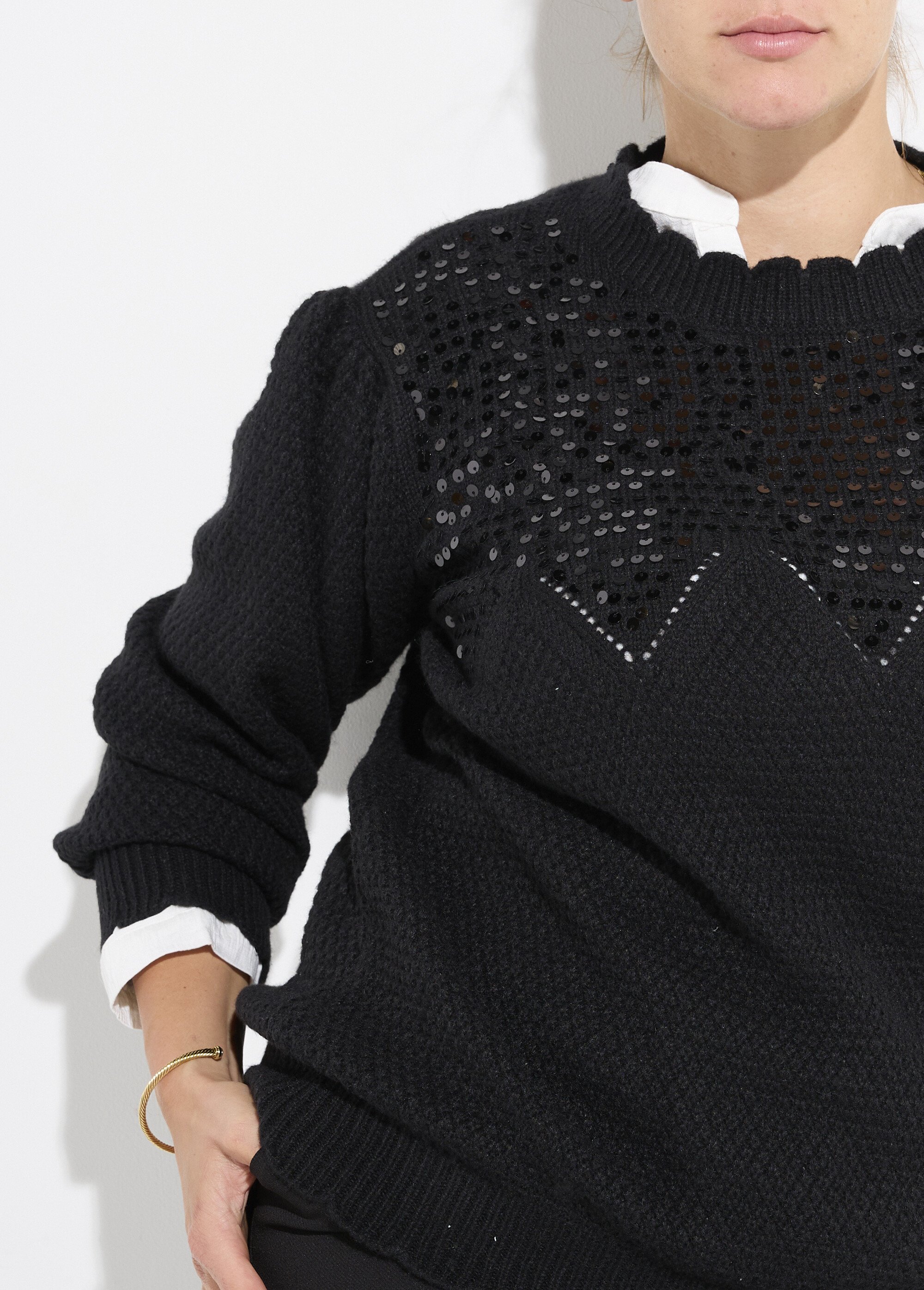 Pull col V maille fantaisie et sequins Femme Grande Taille Noir CHY-H38246 DE1