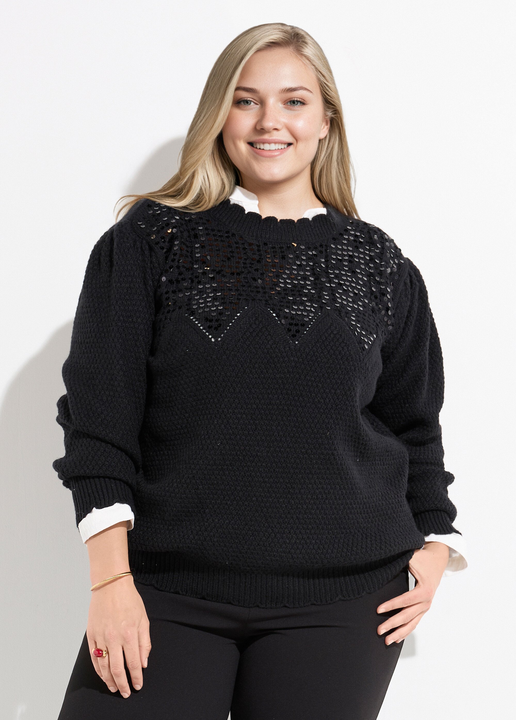Pull col V maille fantaisie et sequins Femme Grande Taille Noir CHY-H38246 FA1