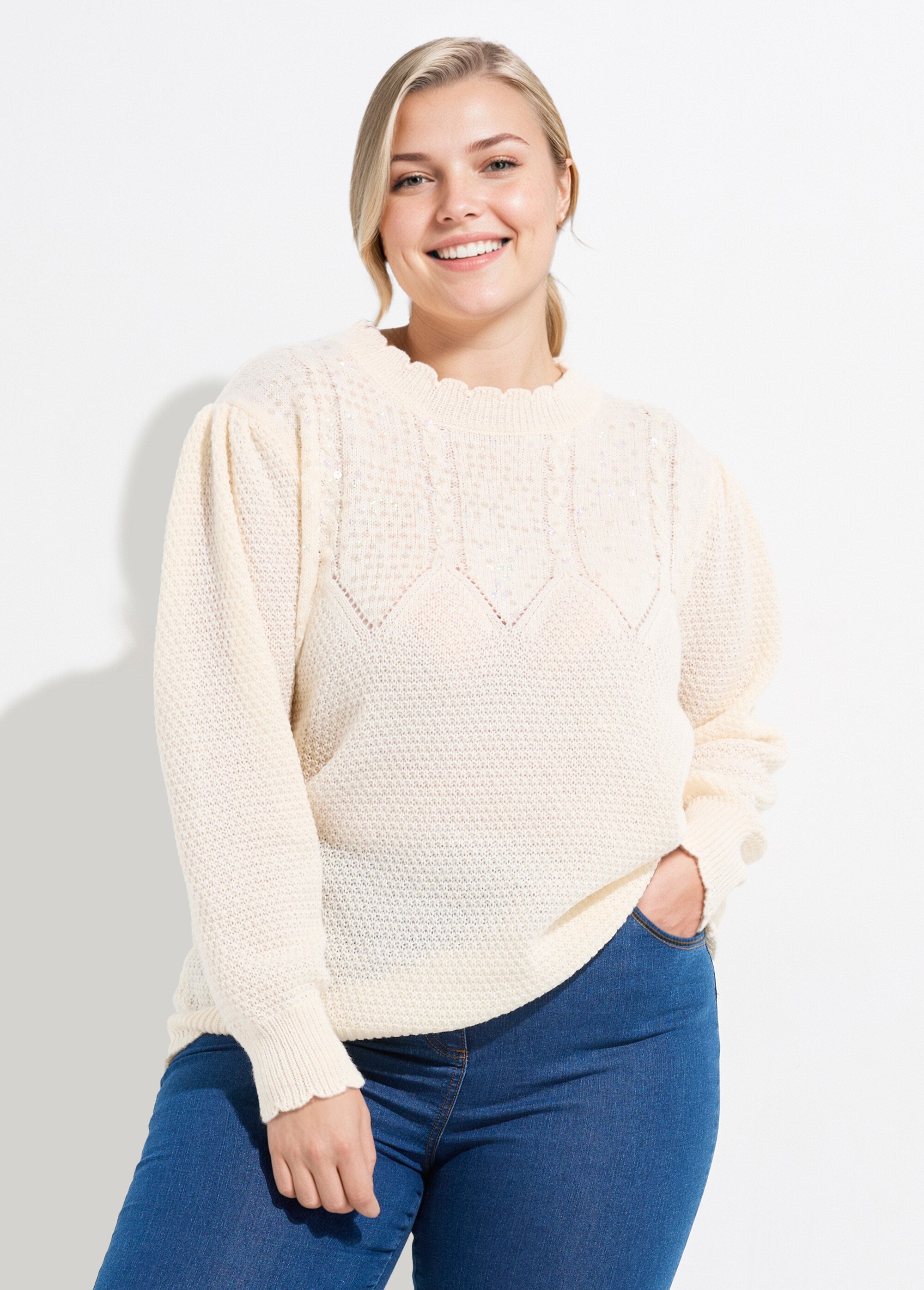 Pull col V maille fantaisie et sequins Femme Grande Taille Beige CHY-H38246 FA1