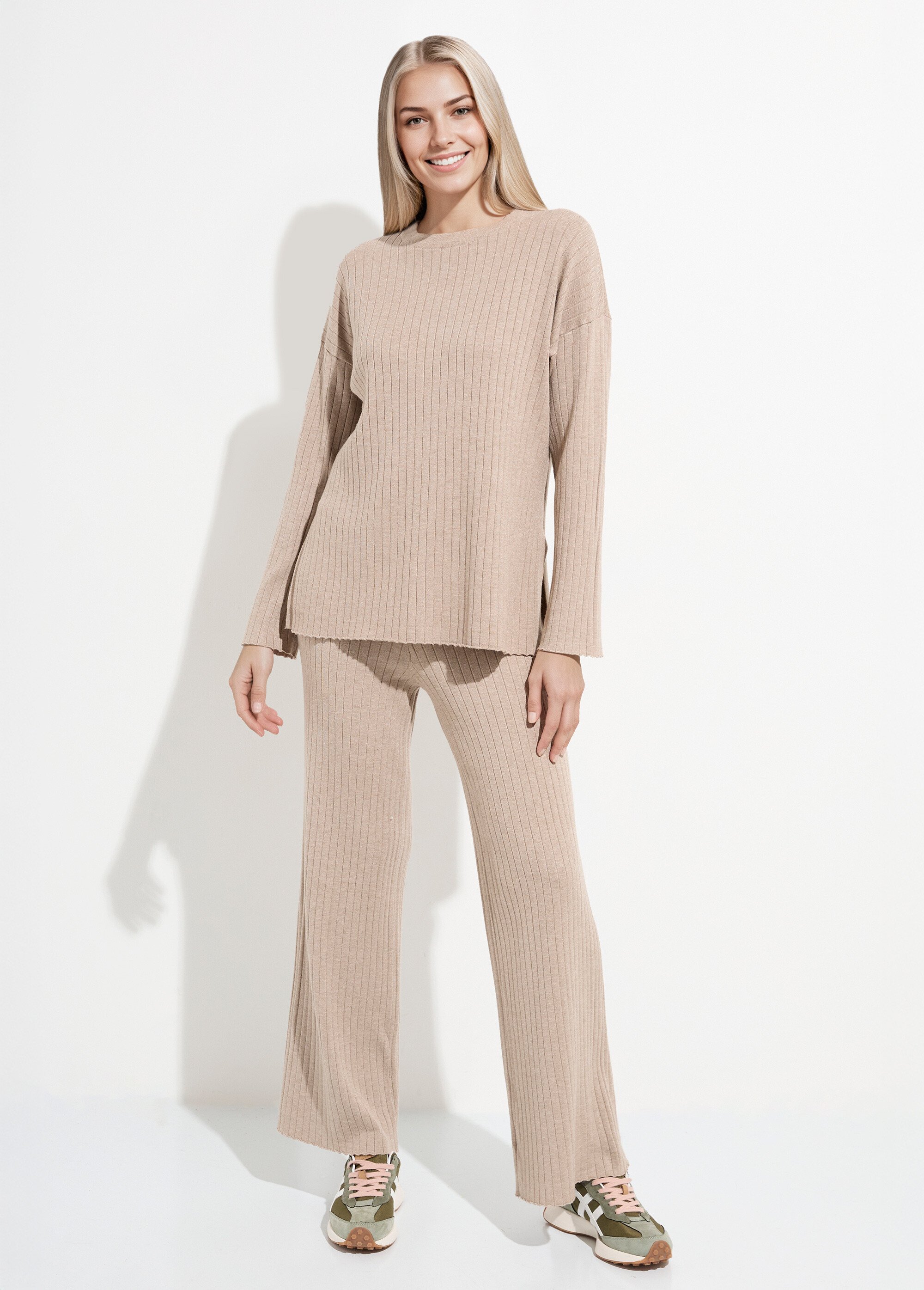 Pull confort avec maille cotes plates Femme Beige LBC-HA3661HAUT SF1