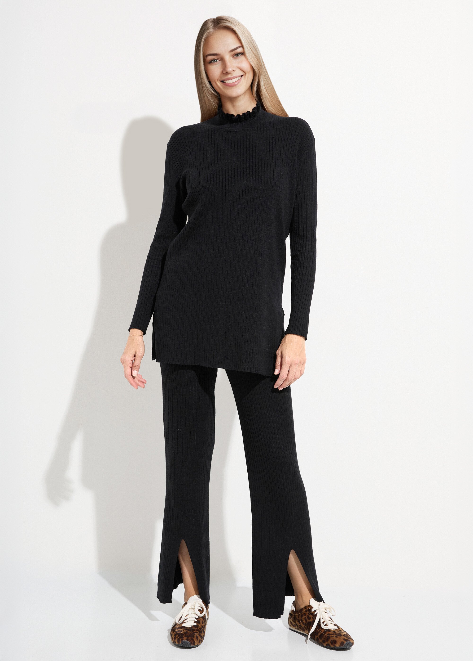Pull détente maille cotelée, col montant Femme Noir LBC-HA3757HAUT SF1