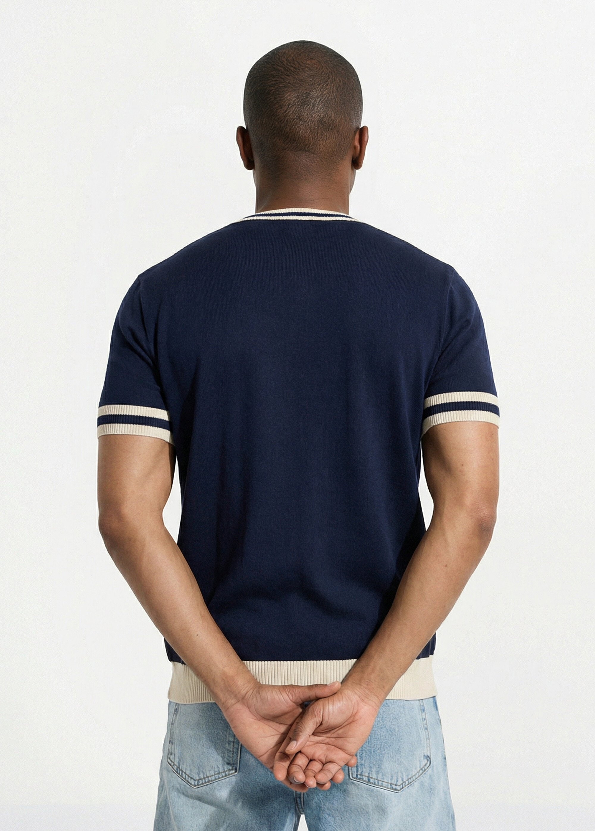 Pull manches courtes détails bicolores Homme Bleu FRIDZTG6054 DO1