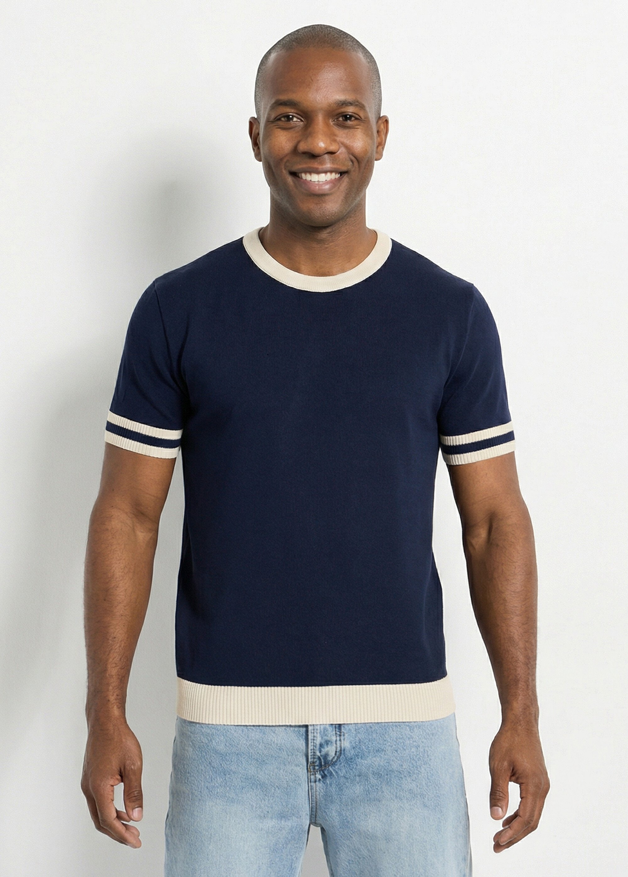 Pull manches courtes détails bicolores Homme Bleu FRIDZTG6054 FA1