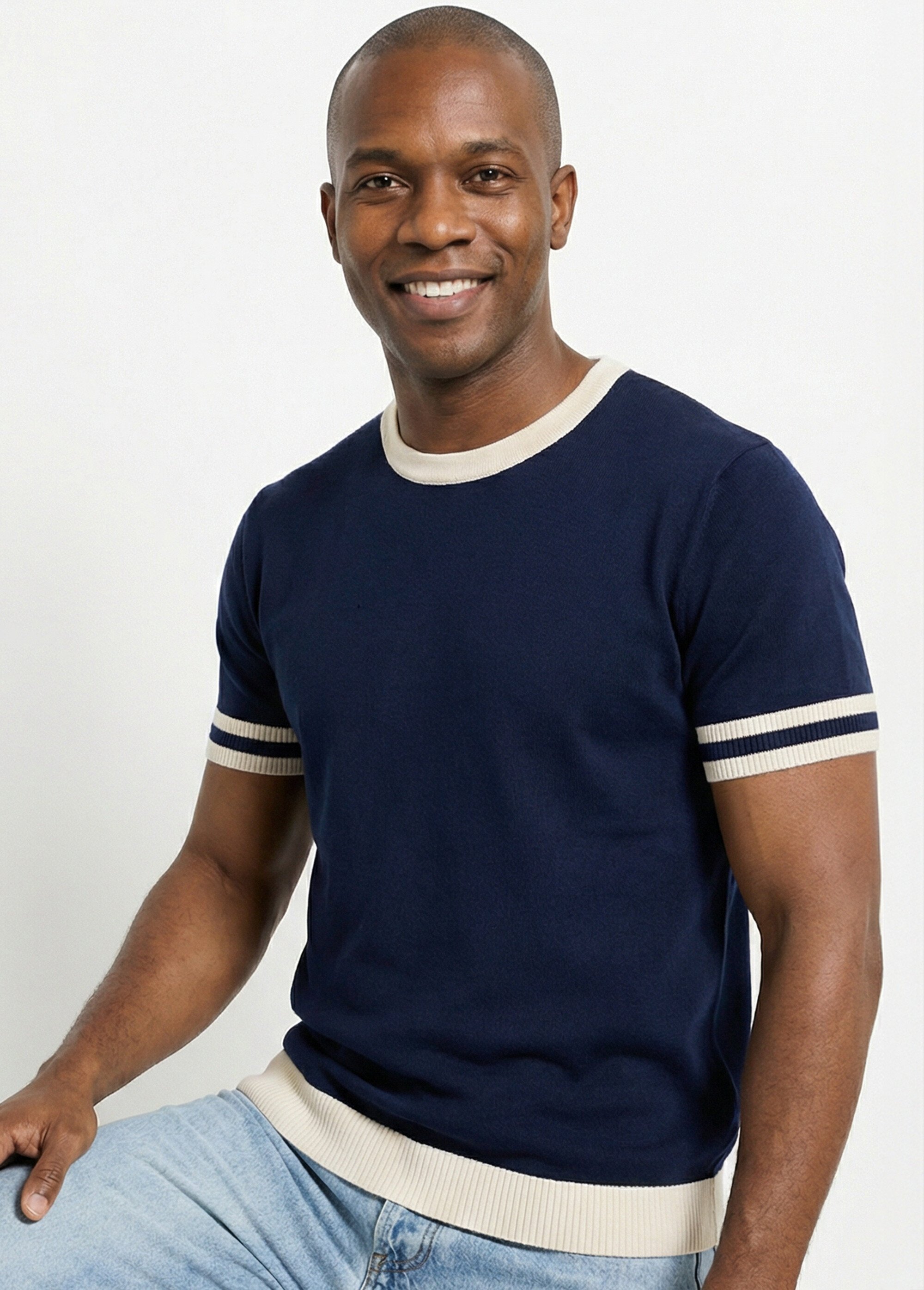 Pull manches courtes détails bicolores Homme Bleu FRIDZTG6054 MV1