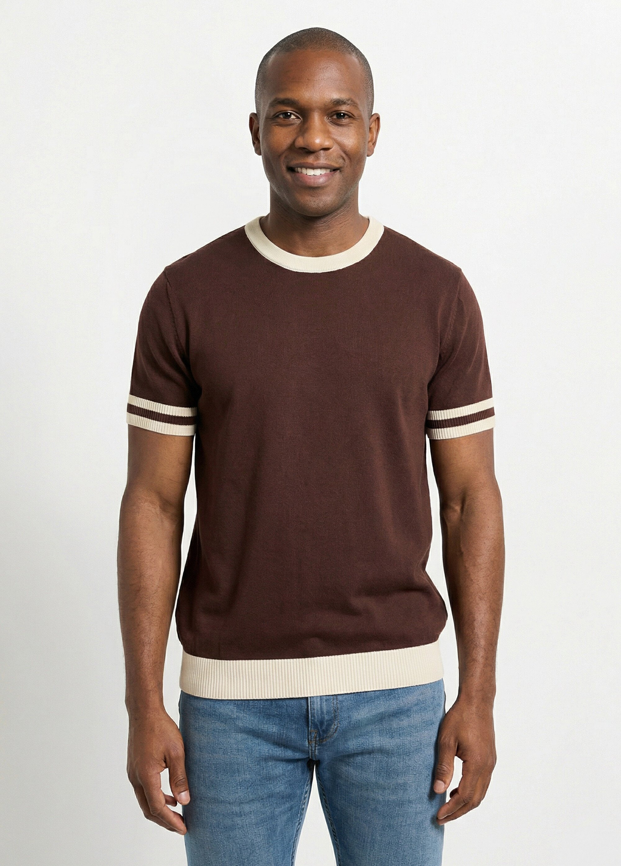 Pull manches courtes détails bicolores Homme Marron FRIDZTG6054 FA1