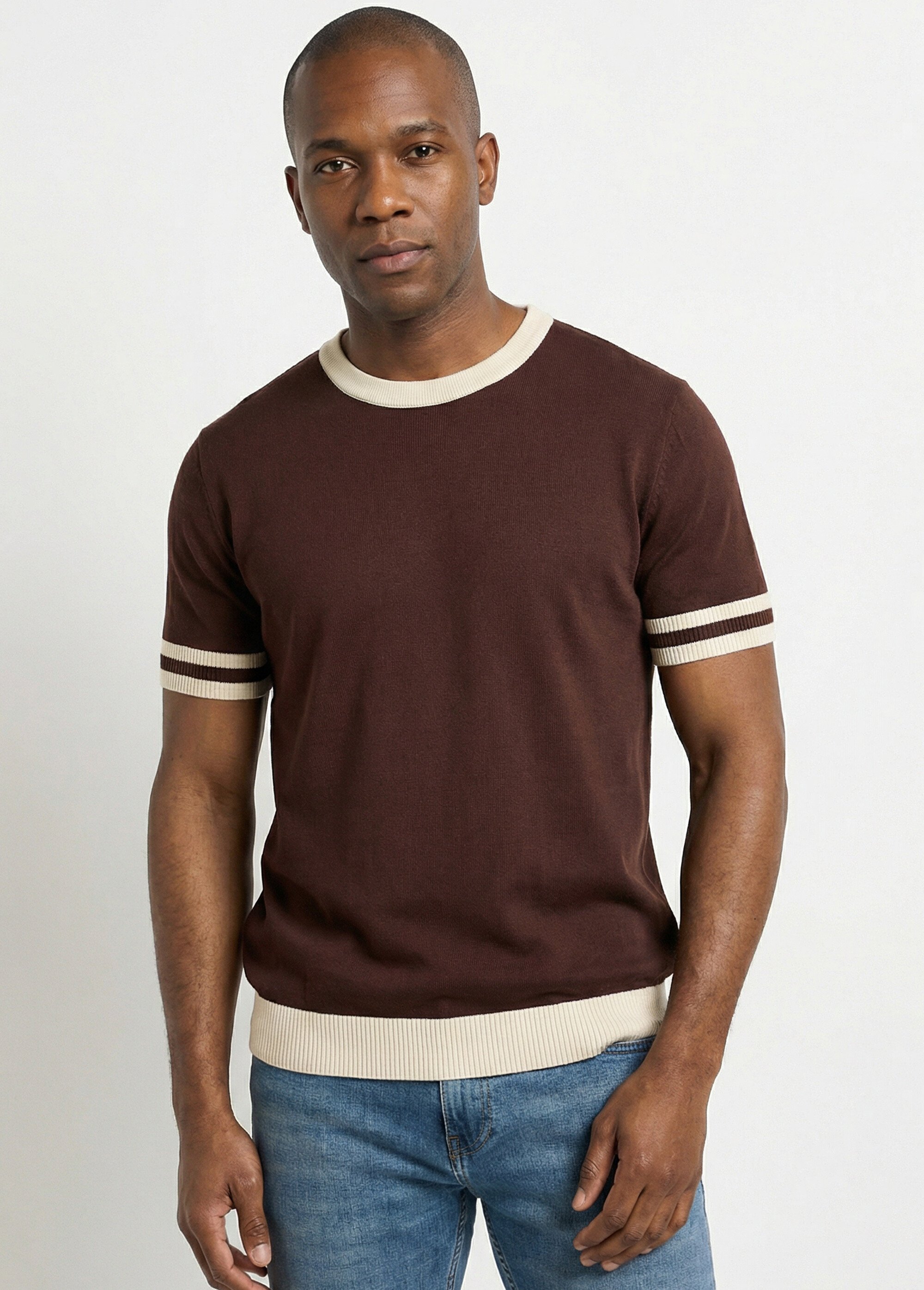 Pull manches courtes détails bicolores Homme Marron FRIDZTG6054 MV1