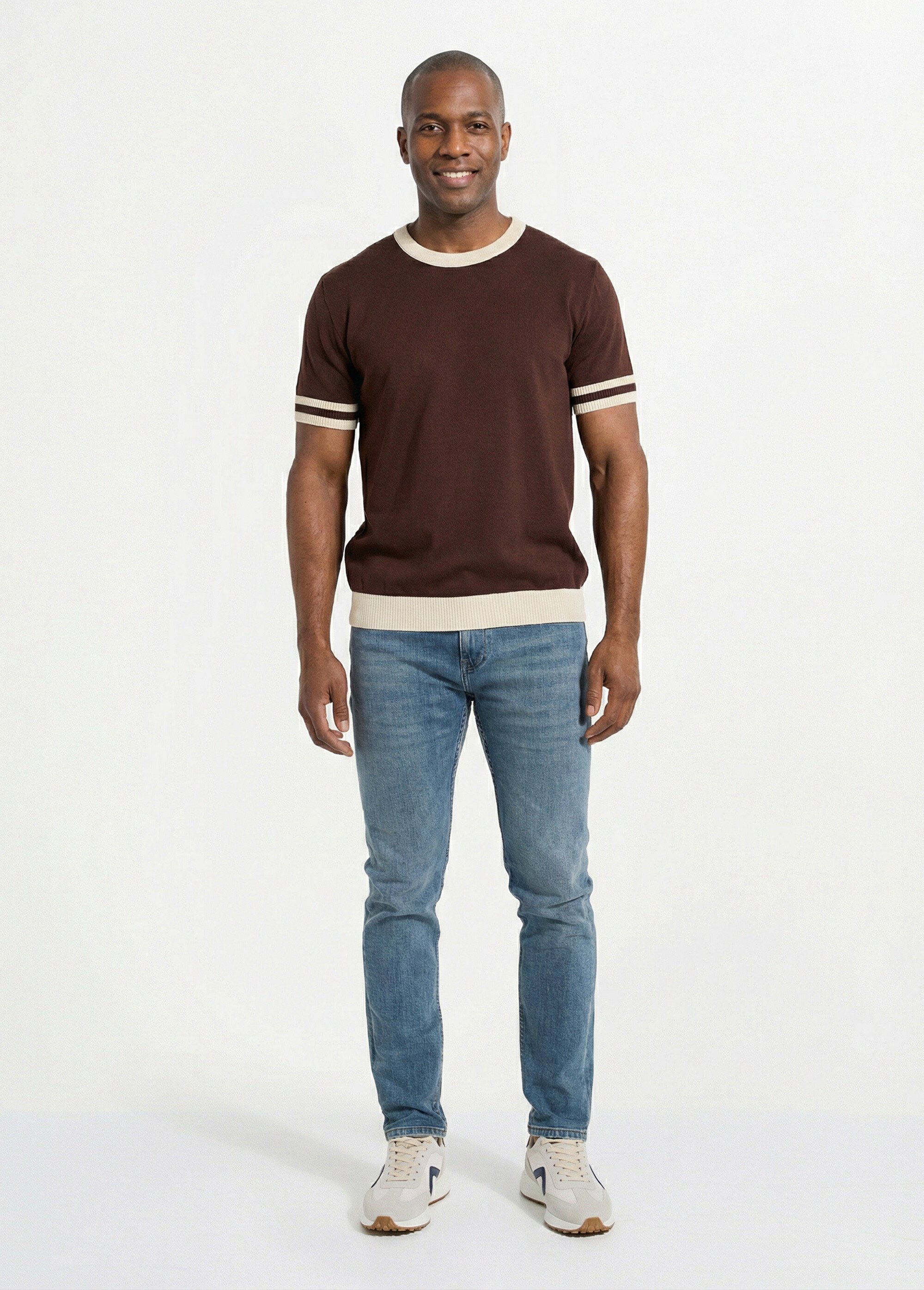 Pull manches courtes détails bicolores Homme Marron FRIDZTG6054 SF1