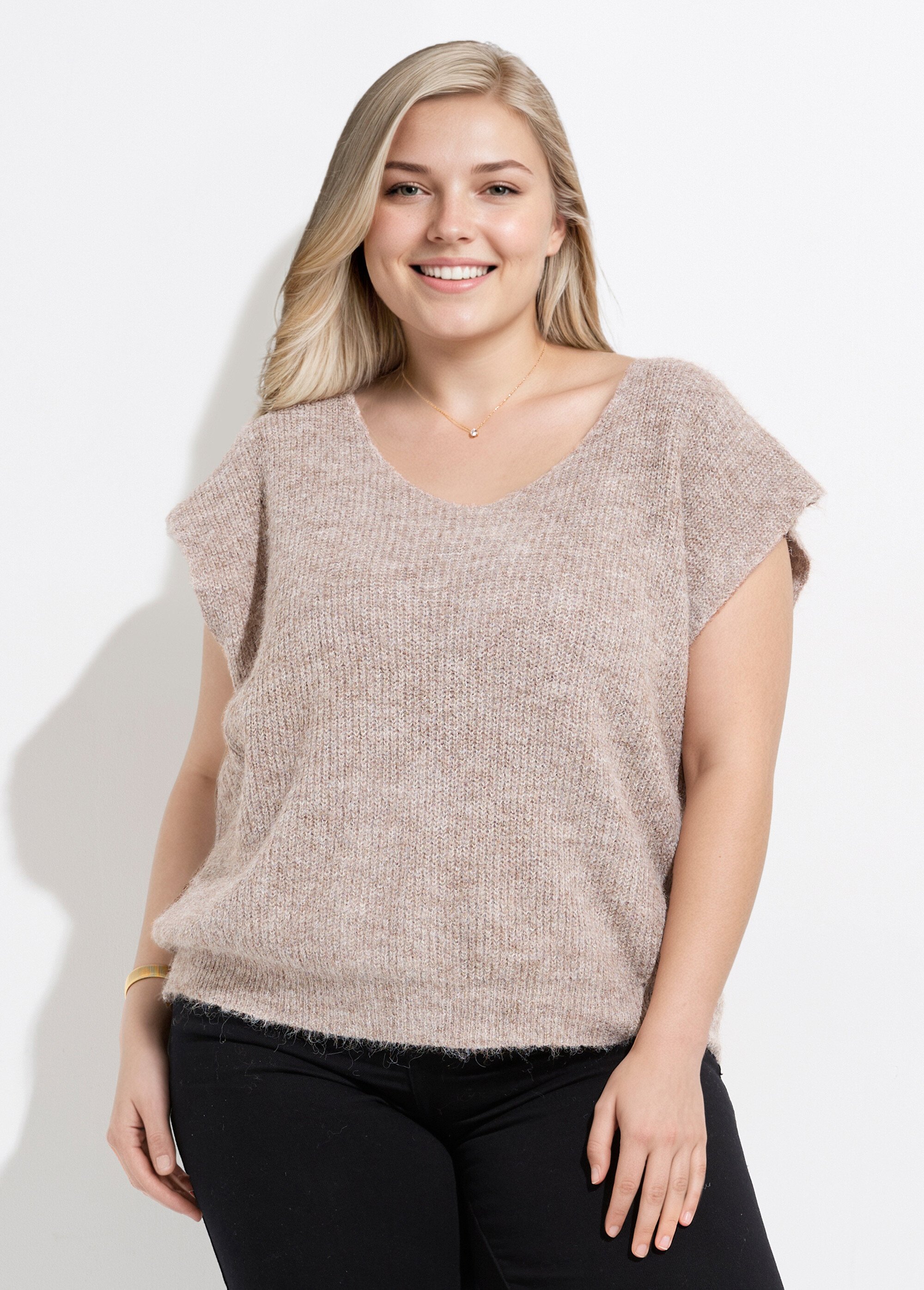 Pull sans manches chaud maille mousseuse Femme Grande Taille Beige CHY-1353 FA1