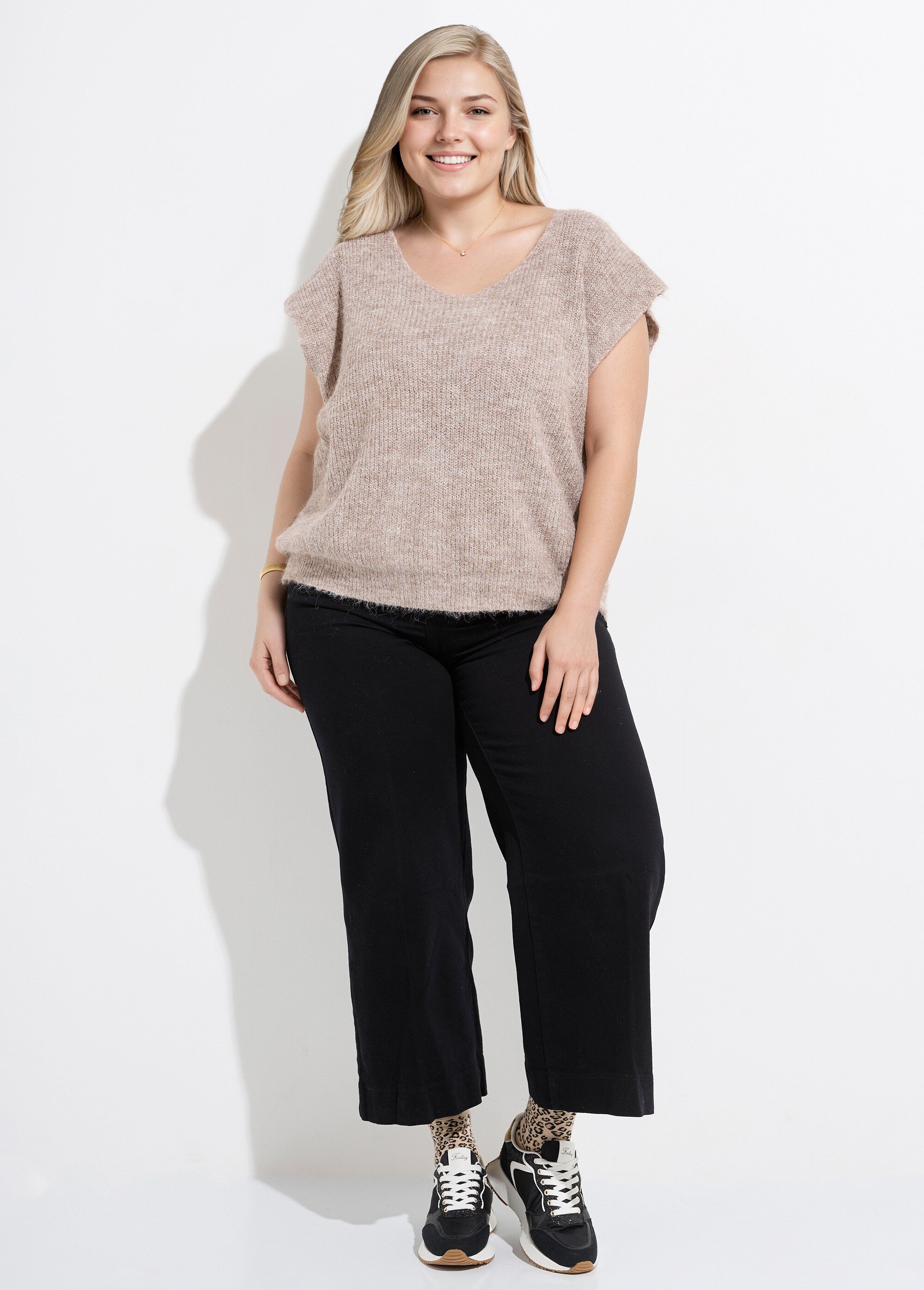 Pull sans manches chaud maille mousseuse Femme Grande Taille Beige CHY-1353 SF1