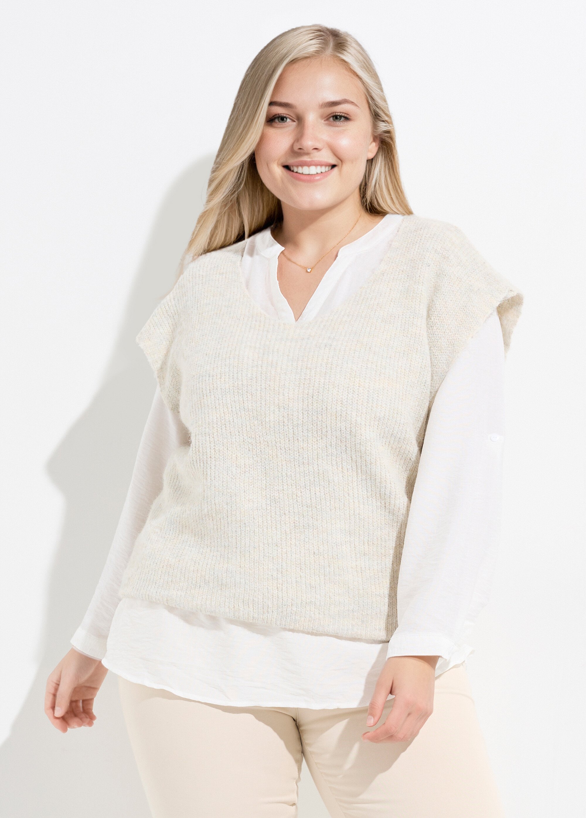 Pull sans manches chaud maille mousseuse Femme Grande Taille Beige CHY-1353 FA1