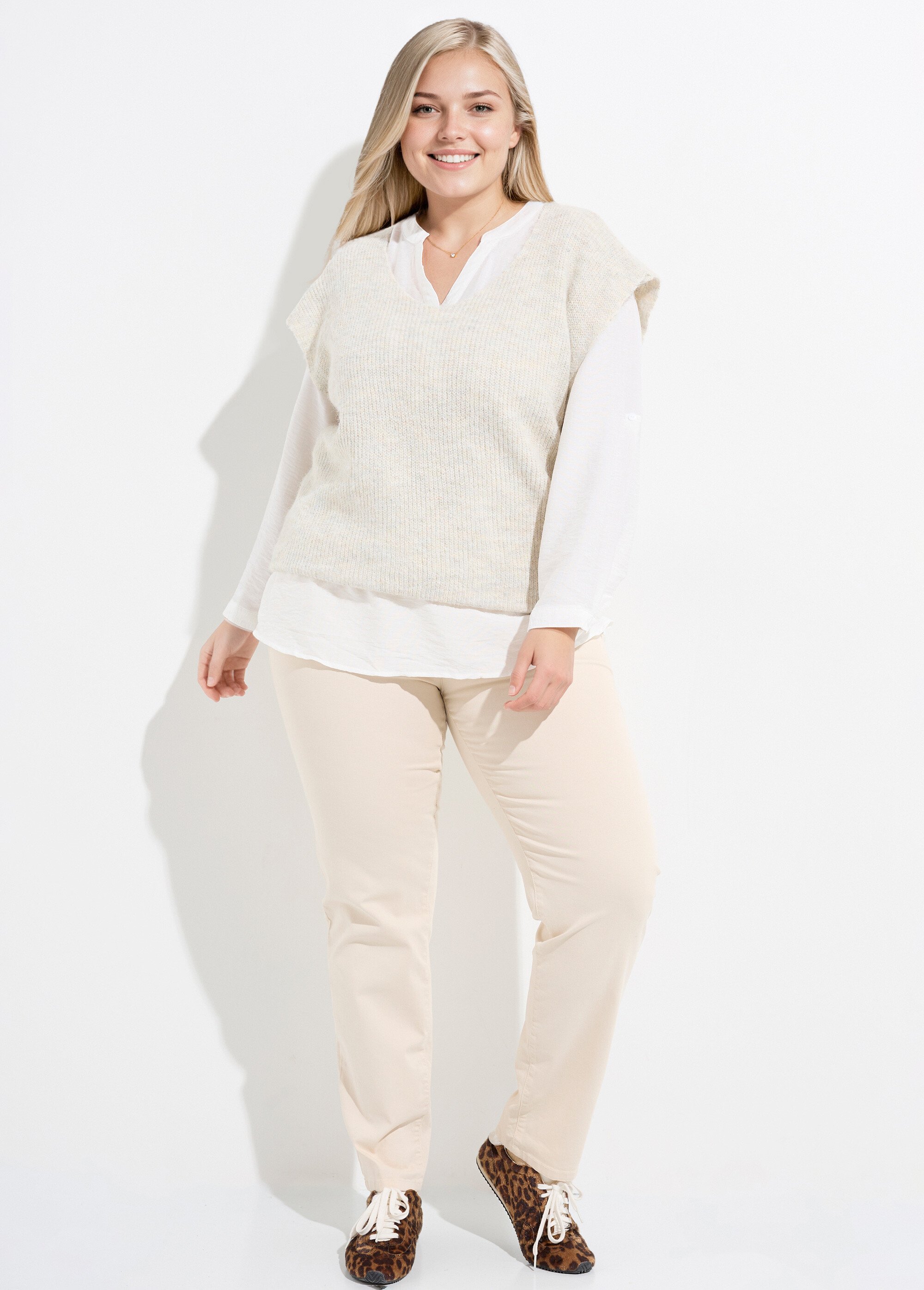 Pull sans manches chaud maille mousseuse Femme Grande Taille Beige CHY-1353 SF1