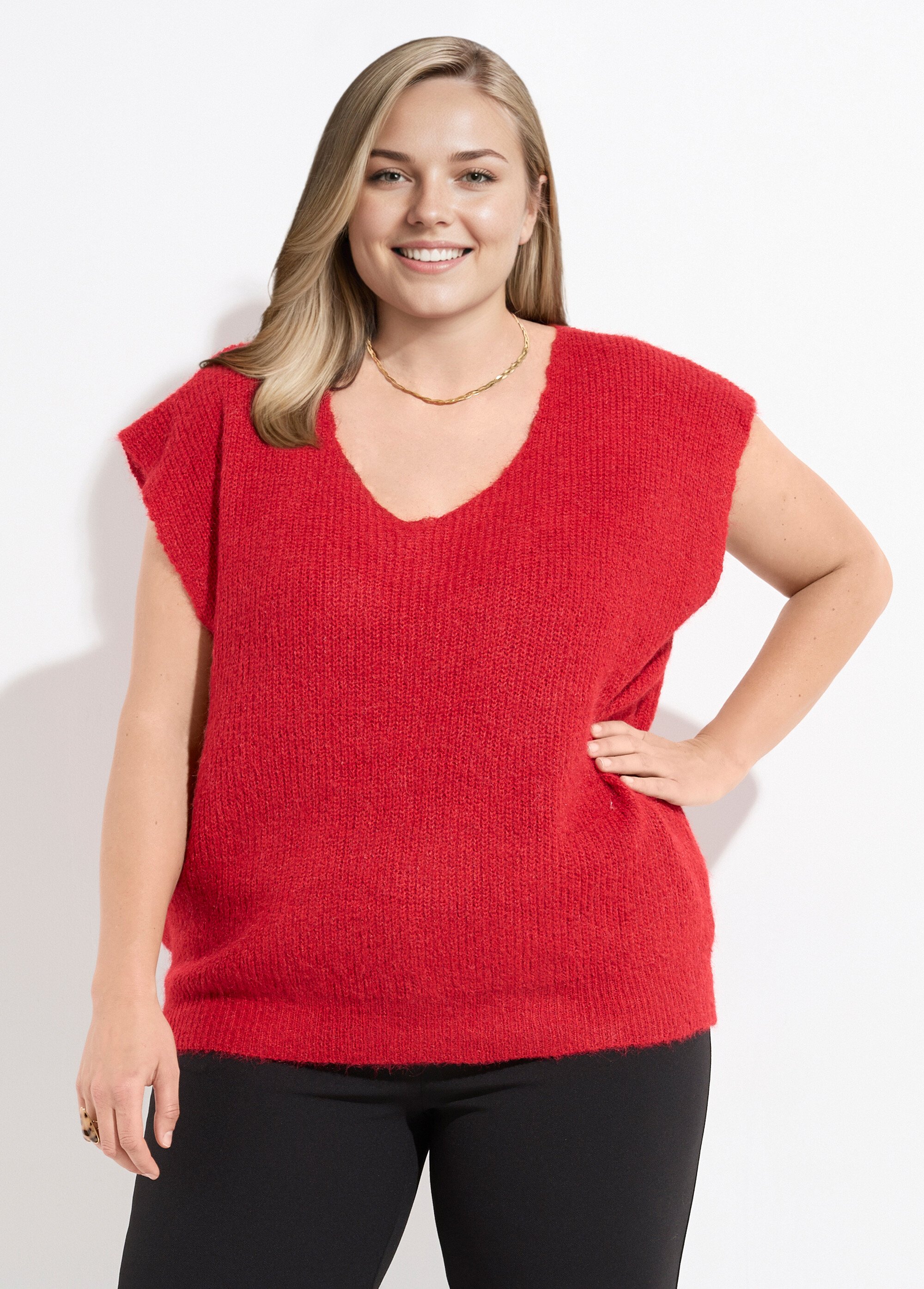 Pull sans manches chaud maille mousseuse Femme Grande Taille Rouge CHY-1353 FA1