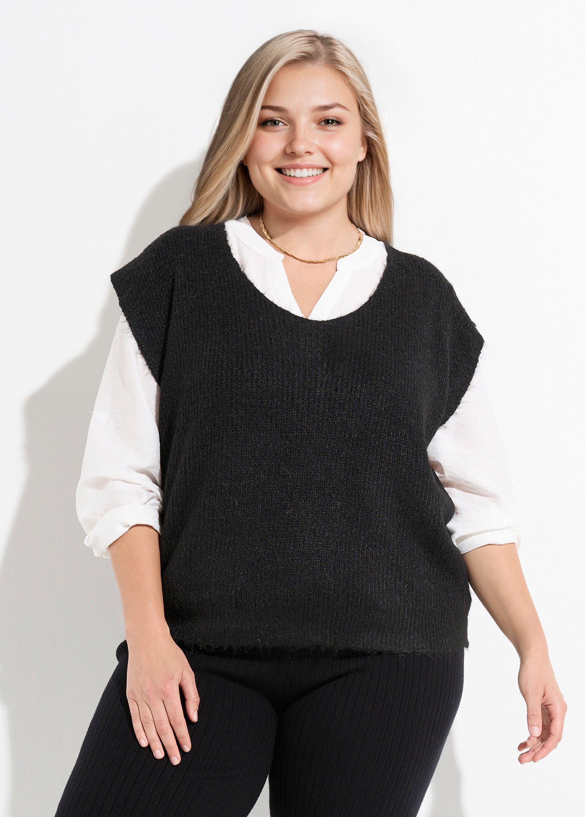 Pull sans manches chaud maille mousseuse Femme Grande Taille Noir CHY-1353 FA1