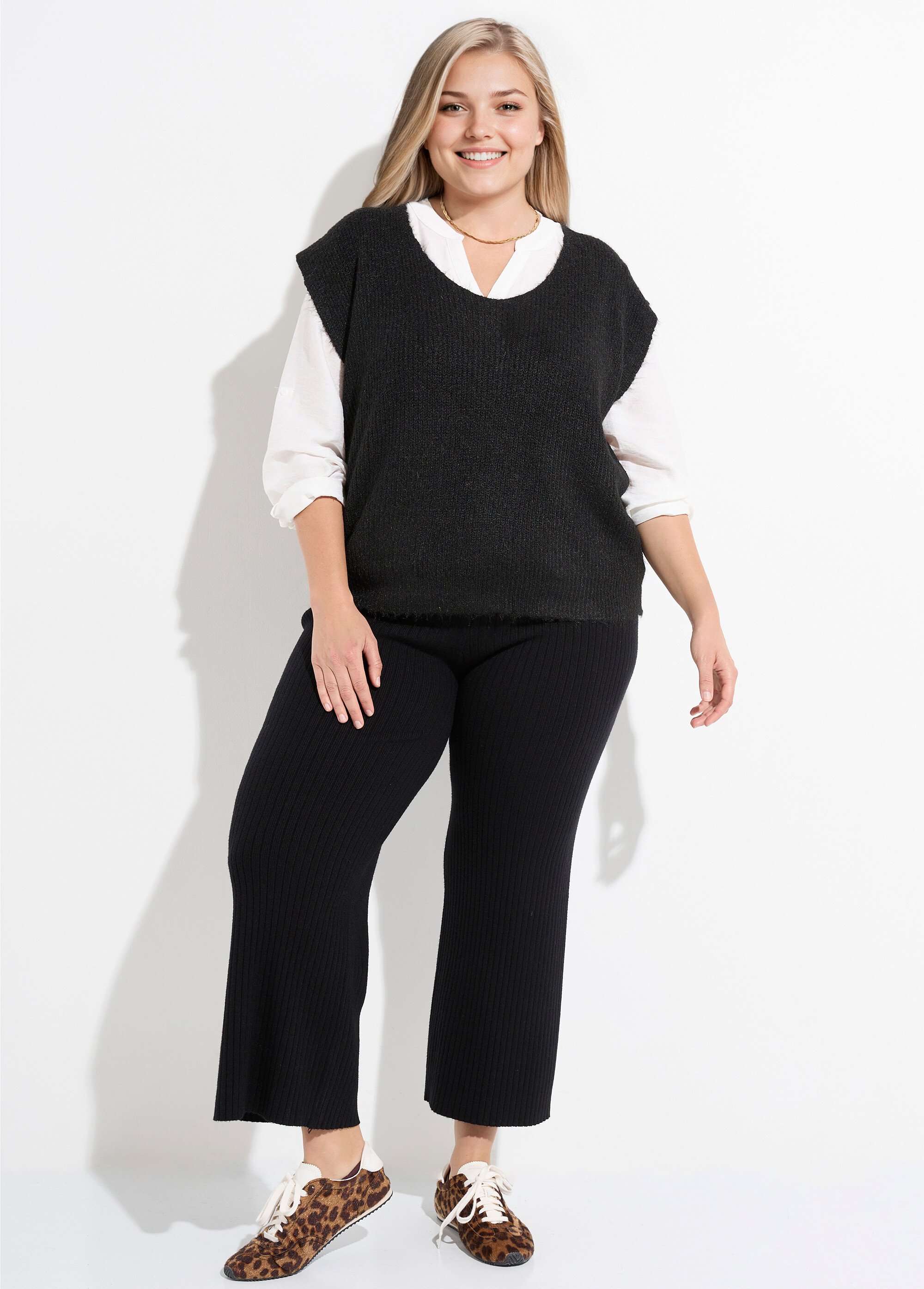 Pull sans manches chaud maille mousseuse Femme Grande Taille Noir CHY-1353 SF1