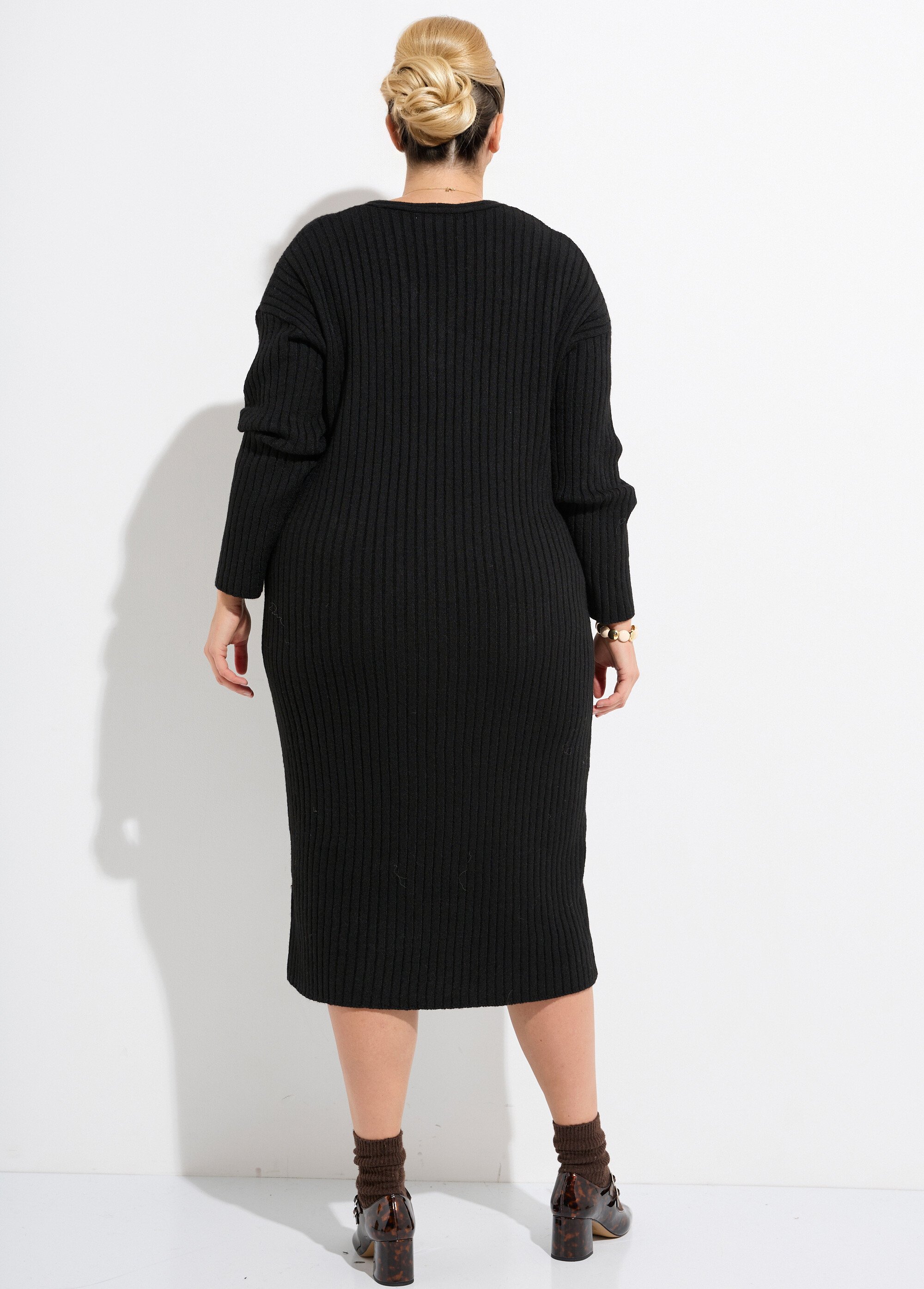 Robe pull longue chaude mailles plates Femme Grande Taille Noir CHY-28193 DO1