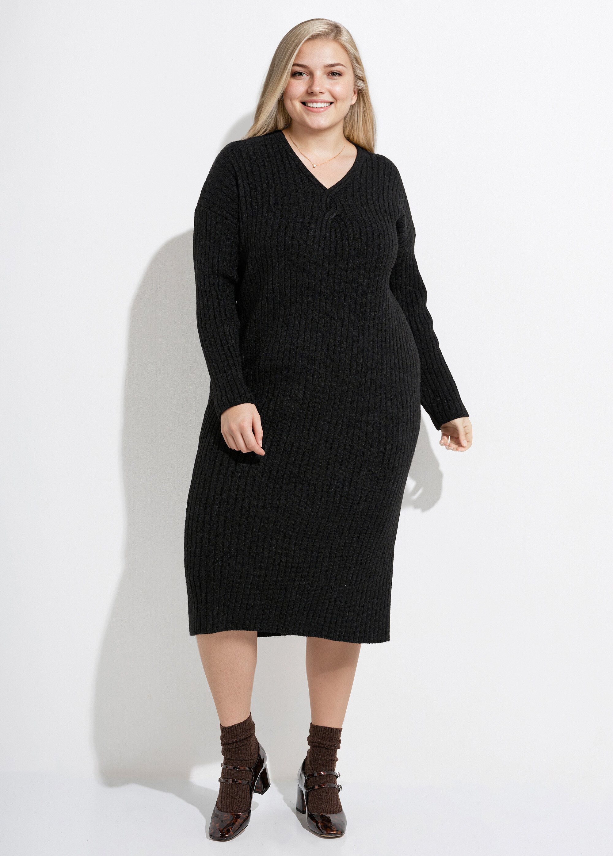Robe pull longue chaude mailles plates Femme Grande Taille Noir CHY-28193 FA1