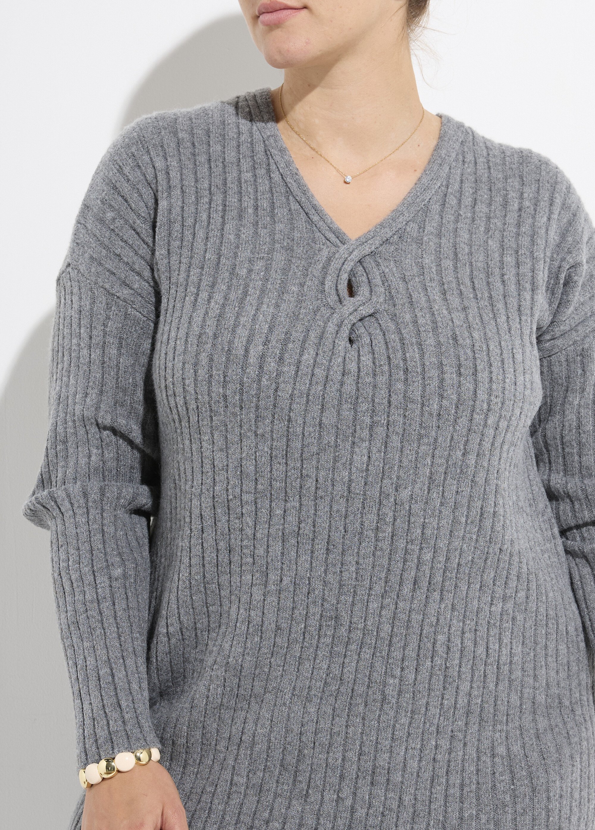 Robe pull longue chaude mailles plates Femme Grande Taille Gris CHY-28193 DE1