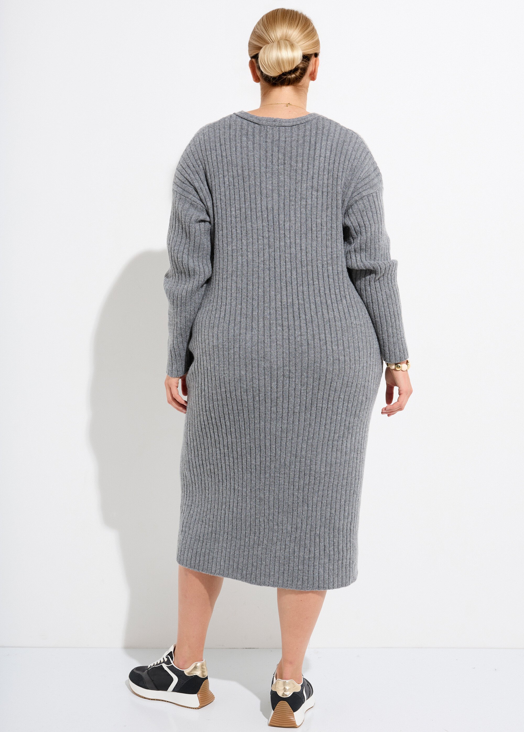 Robe pull longue chaude mailles plates Femme Grande Taille Gris CHY-28193 DO1