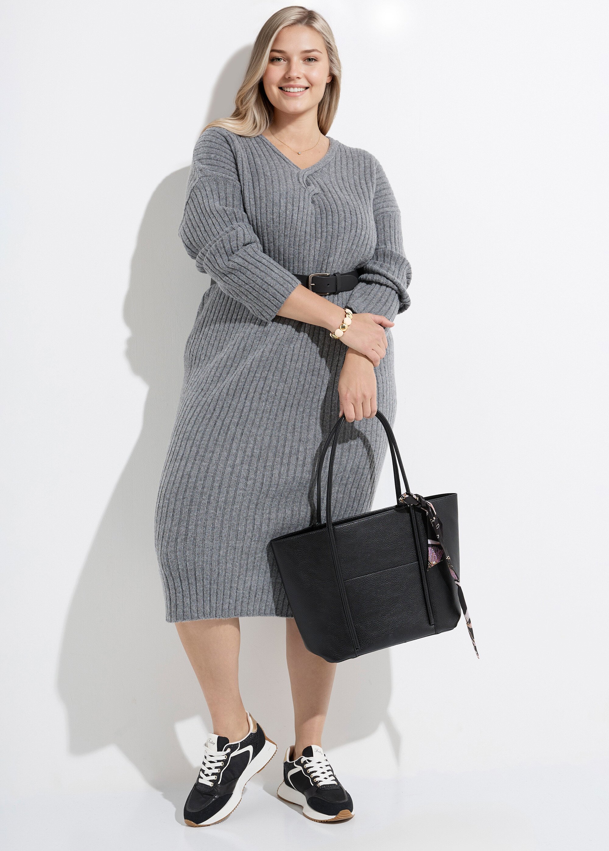 Robe pull longue chaude mailles plates Femme Grande Taille Gris CHY-28193 MV1