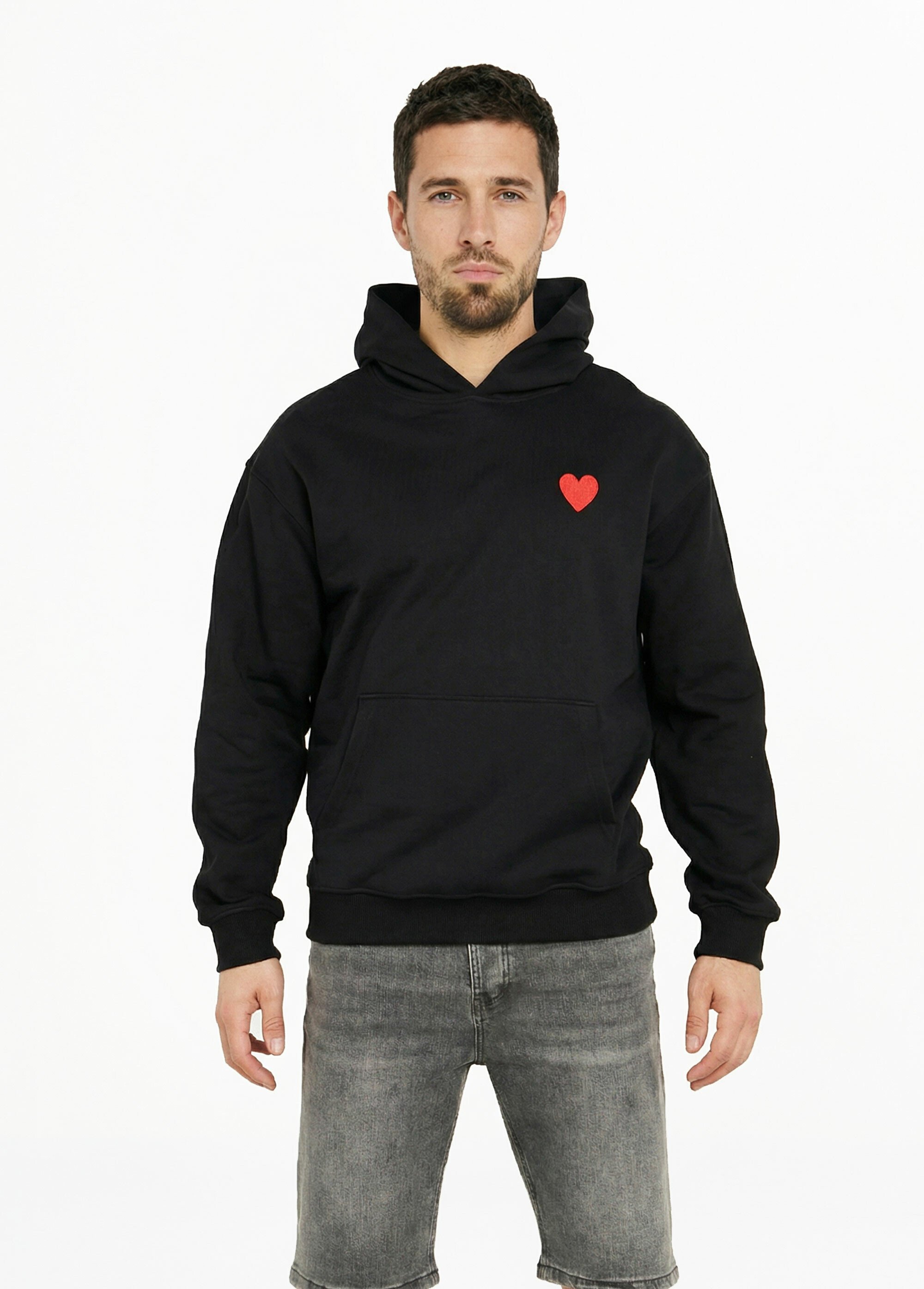 Sweat à capuche, broderie cœur poitrine Noir LYSSF7022 FA1