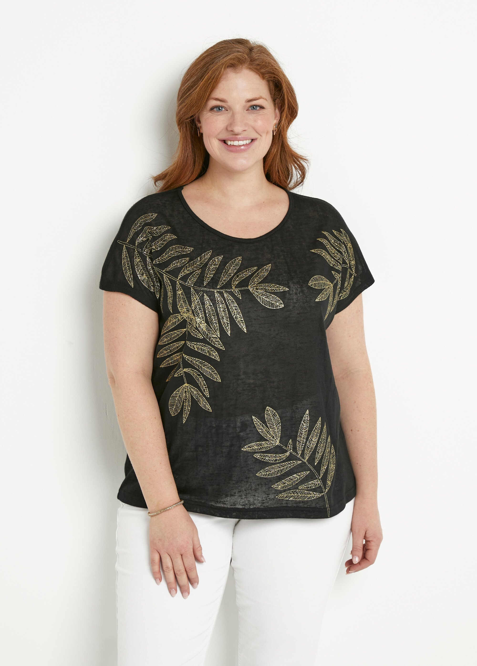T-shirt col rond maille flammée motif doré