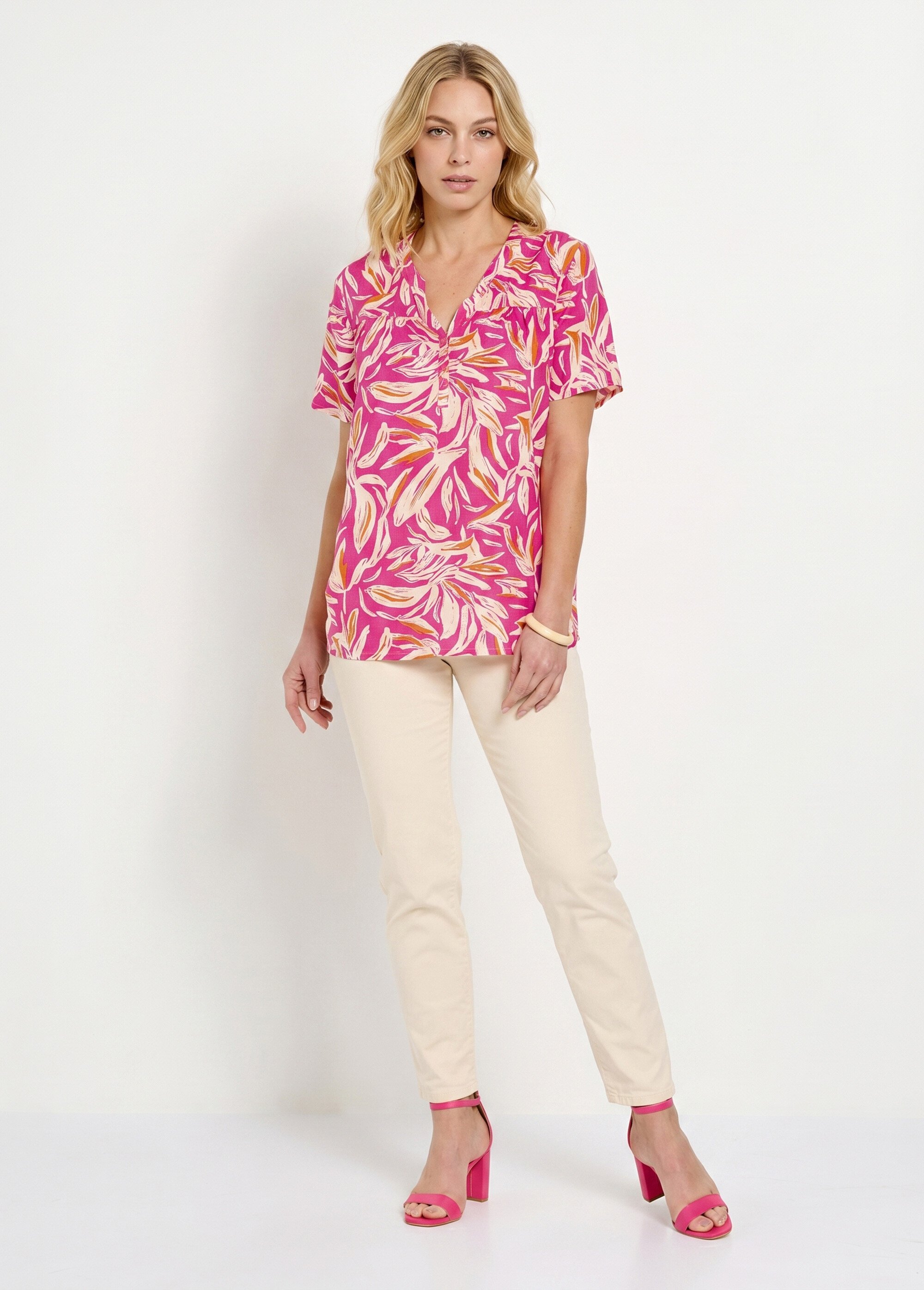 Tunique col V boutonnée ample imprimée Femme Rose CATALPA SI1