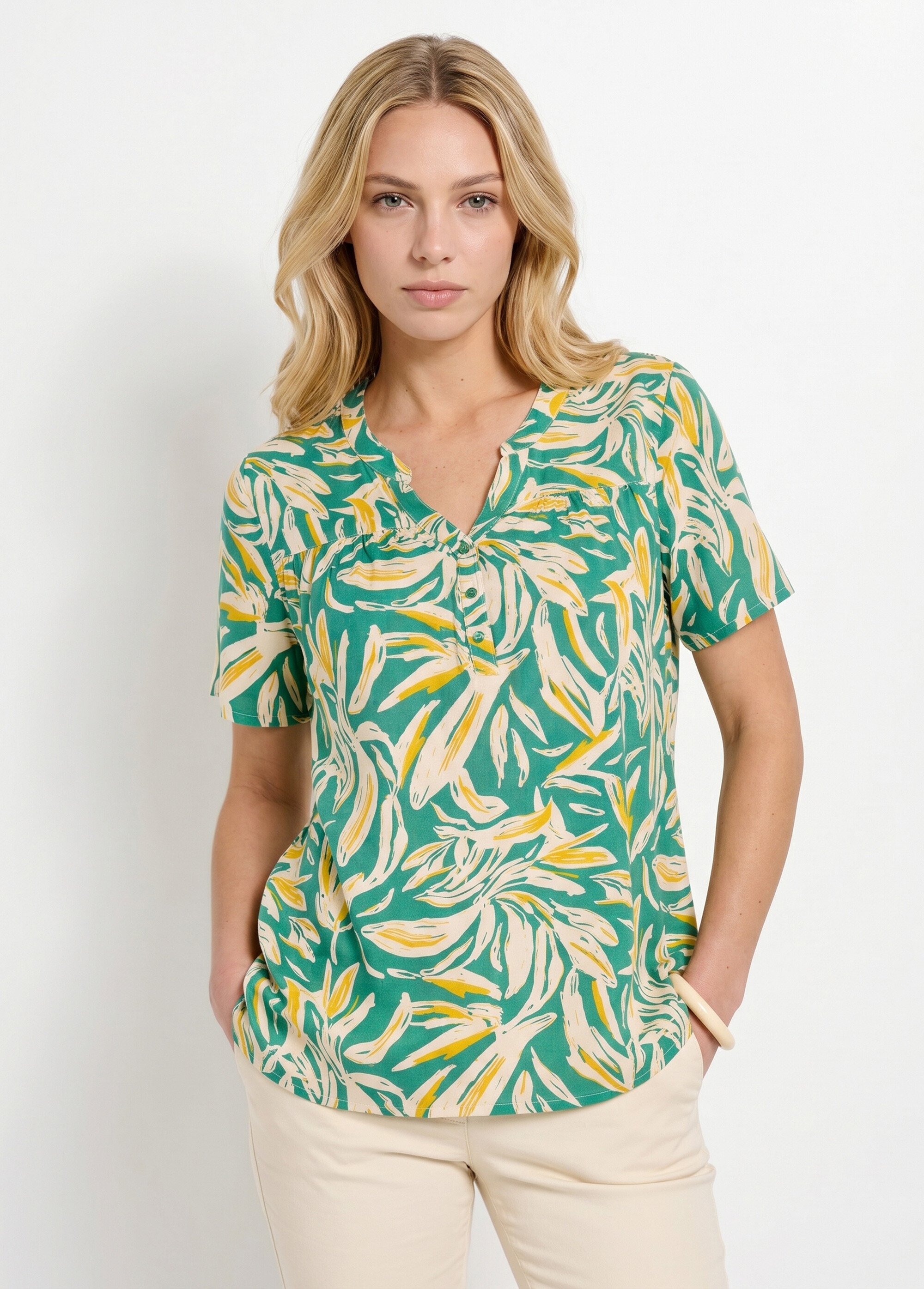 Tunique col V boutonnée ample imprimée Femme Vert CATALPA FA1