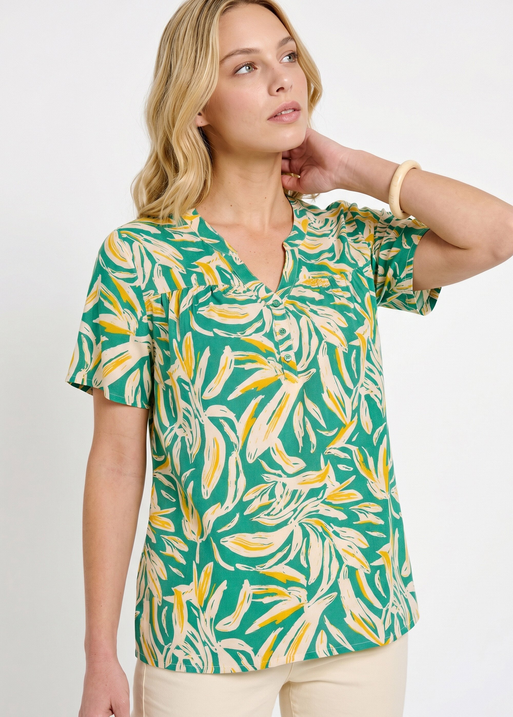 Tunique col V boutonnée ample imprimée Femme Vert CATALPA MV1
