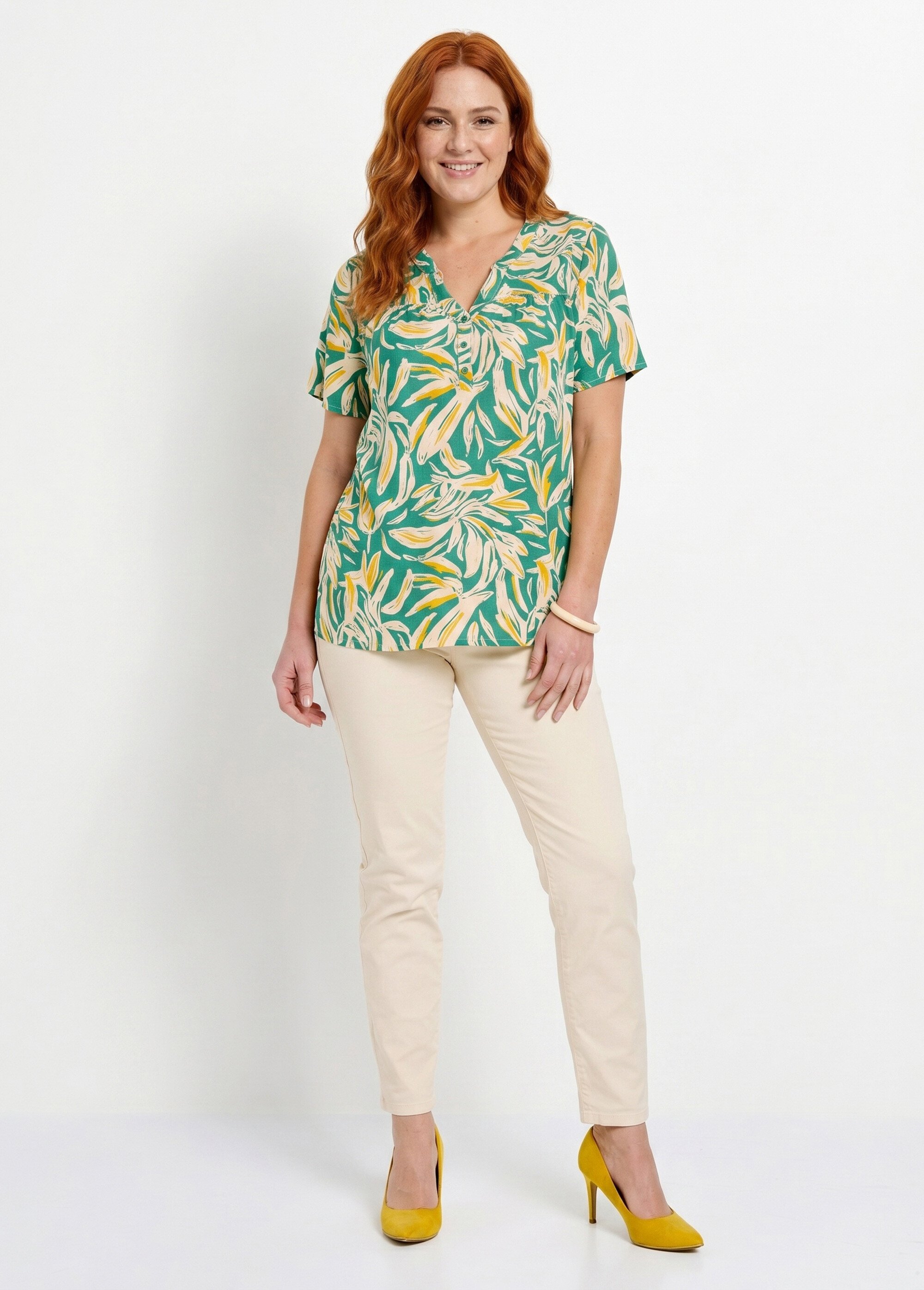 Tunique col V boutonnée ample imprimée Femme Grande Taille Vert CATALPA SI1
