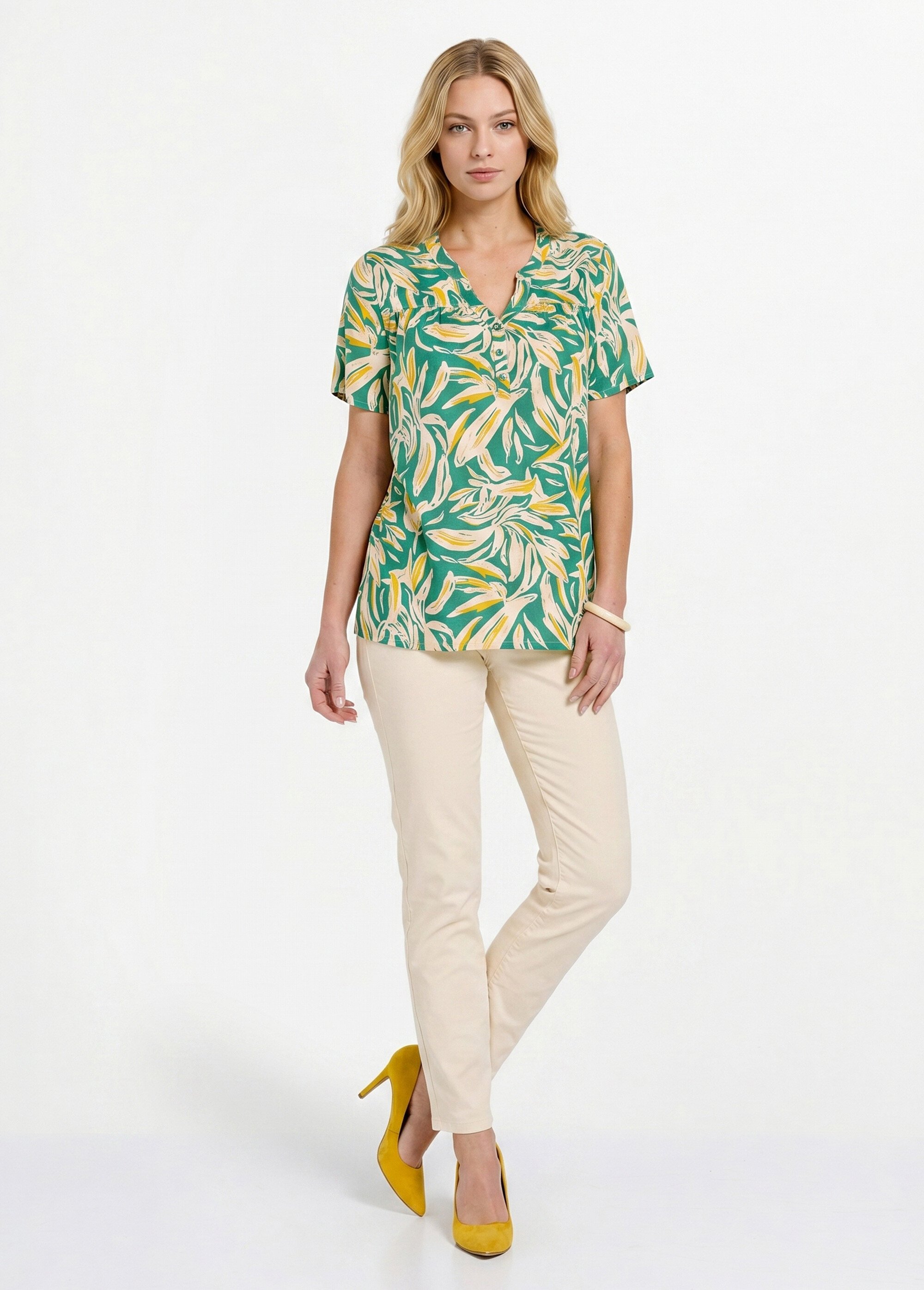 Tunique col V boutonnée ample imprimée Femme Vert CATALPA SI1