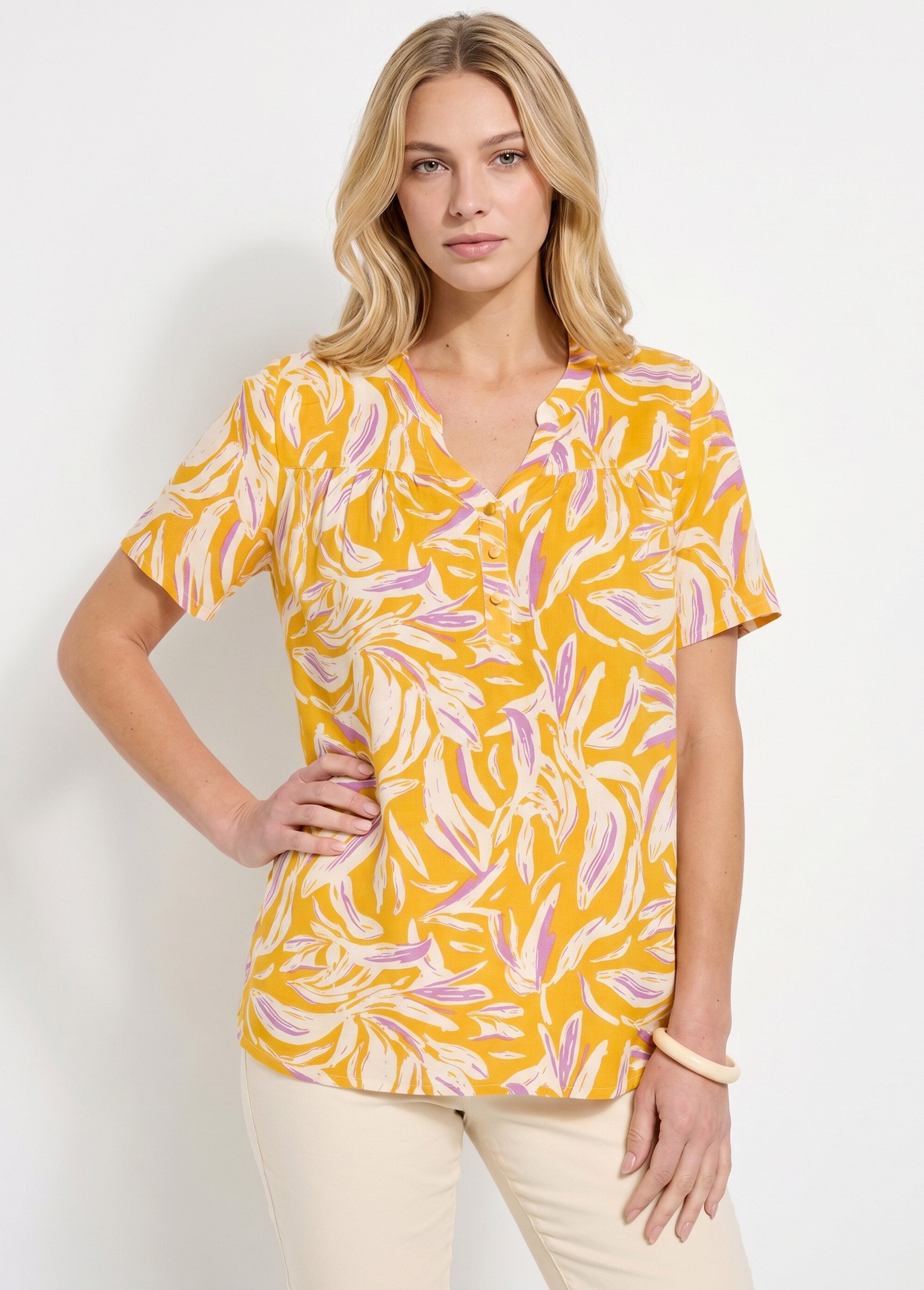 Tunique col V boutonnée ample imprimée Femme Jaune CATALPA FA1