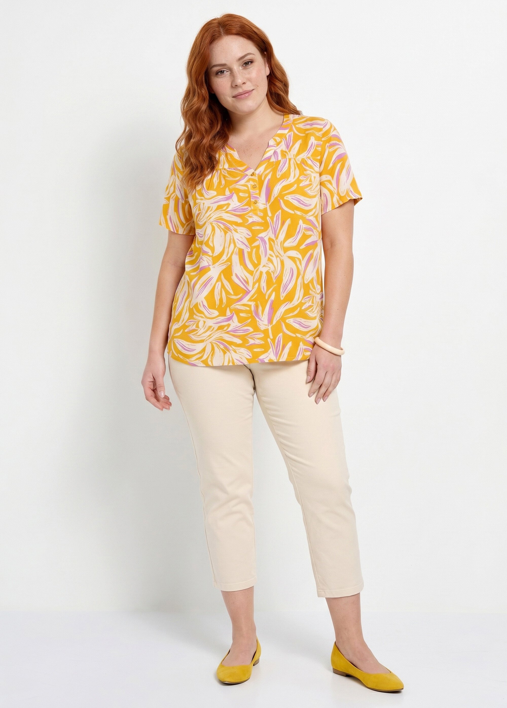 Tunique col V boutonnée ample imprimée Femme Grande Taille Jaune CATALPA SI1