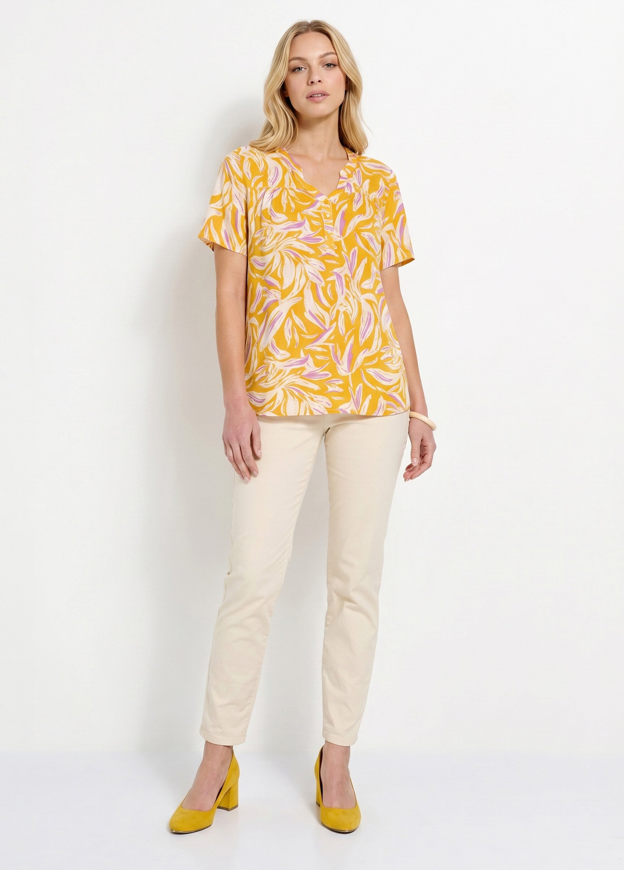 Tunique col V boutonnée ample imprimée Femme Jaune CATALPA SI1