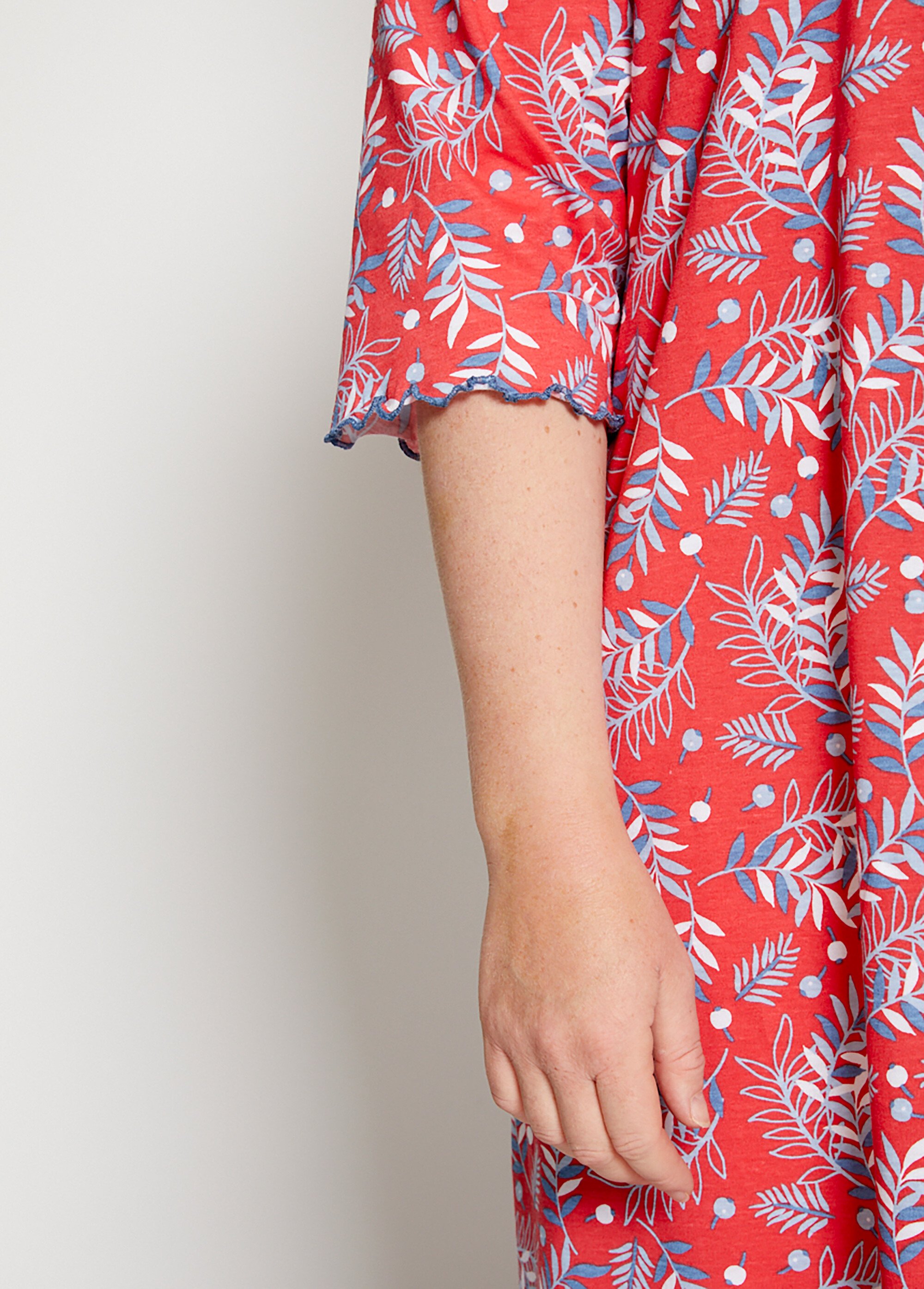 Chemise de nuit longue manches 3/4 coton imprimé Femme Grande Taille Rouge SAGETTE DE3