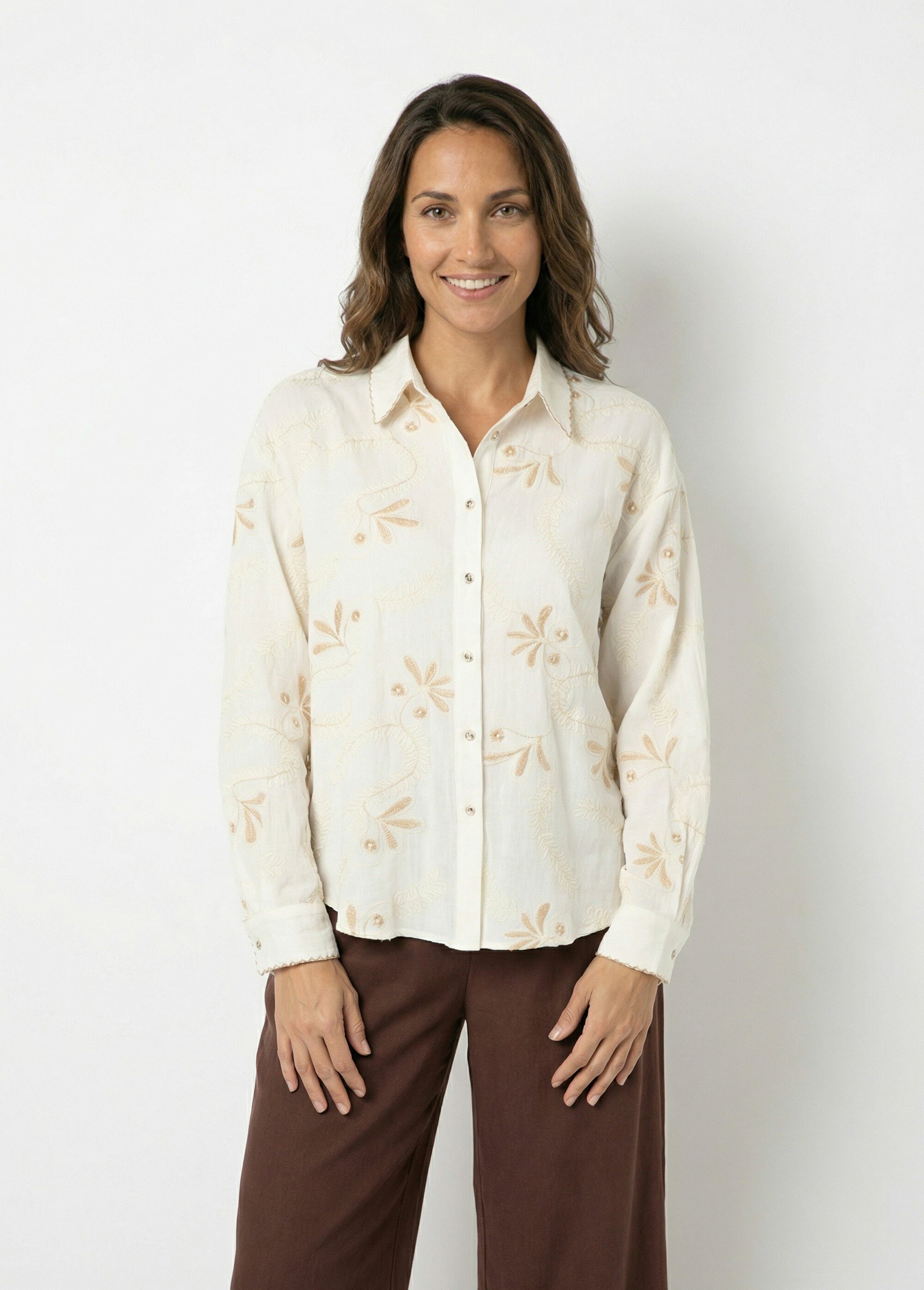Chemisier avec lin, broderies et festons Femme Beige KA-DD3333 FA1