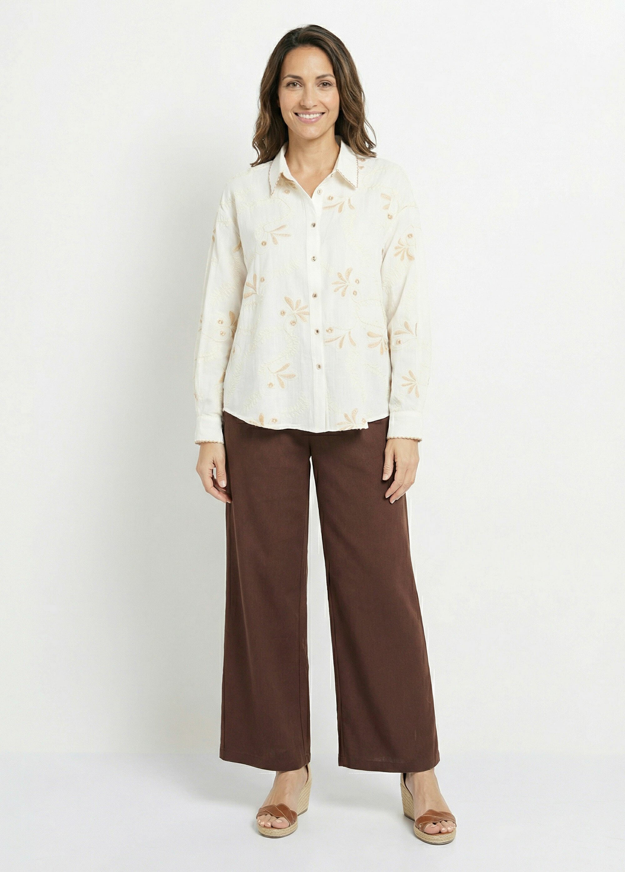 Chemisier avec lin, broderies et festons Femme Beige KA-DD3333 SF1