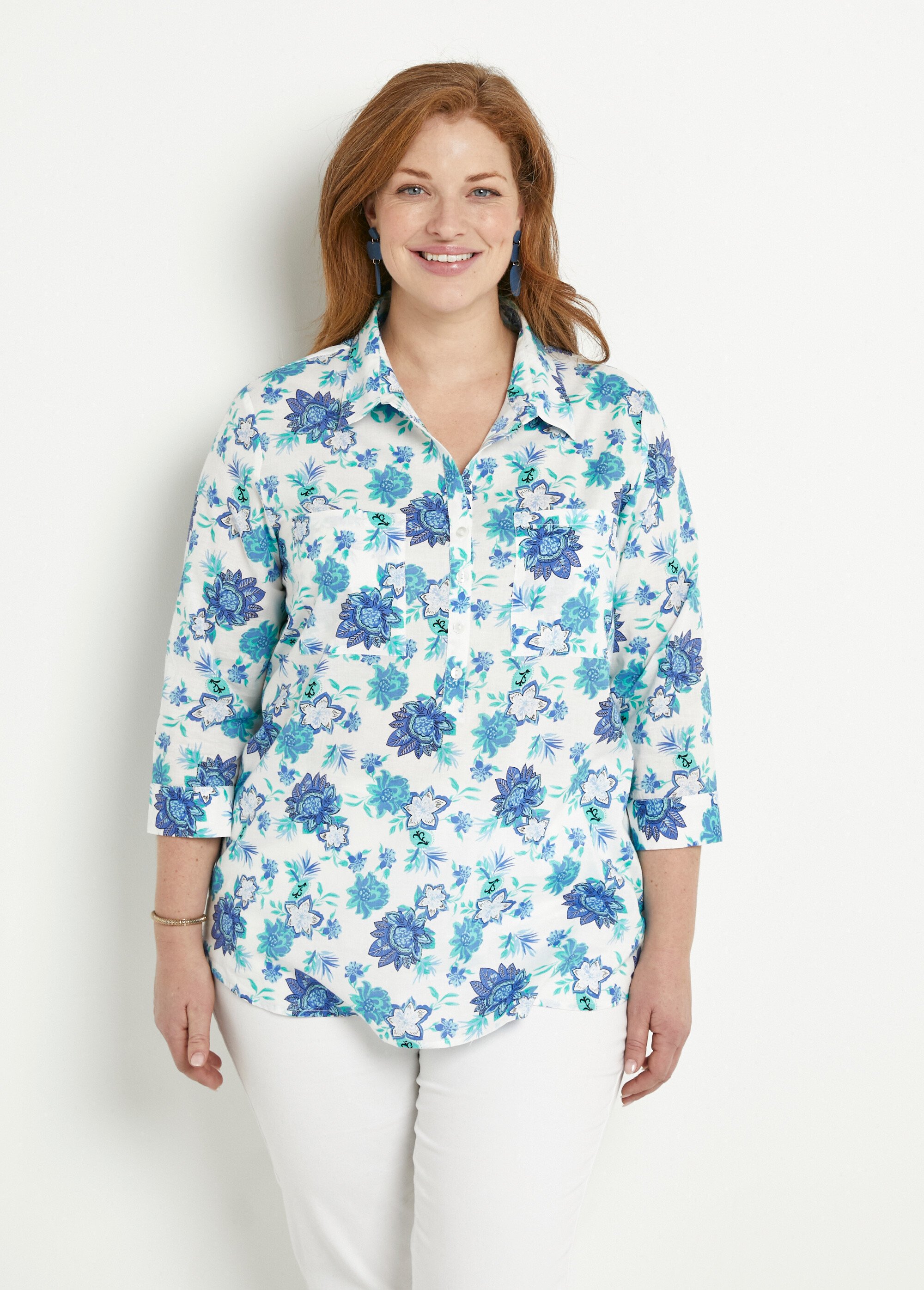 Chemisier boutonné long coton imprimé fleurs