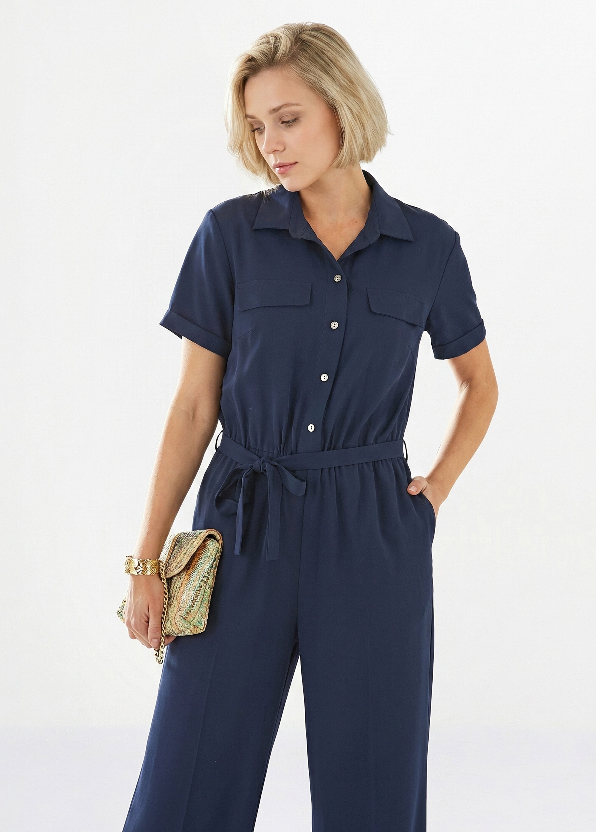 Combinaison-pantalon boutonnée taille élastiquée Femme Bleu ELBE DE1