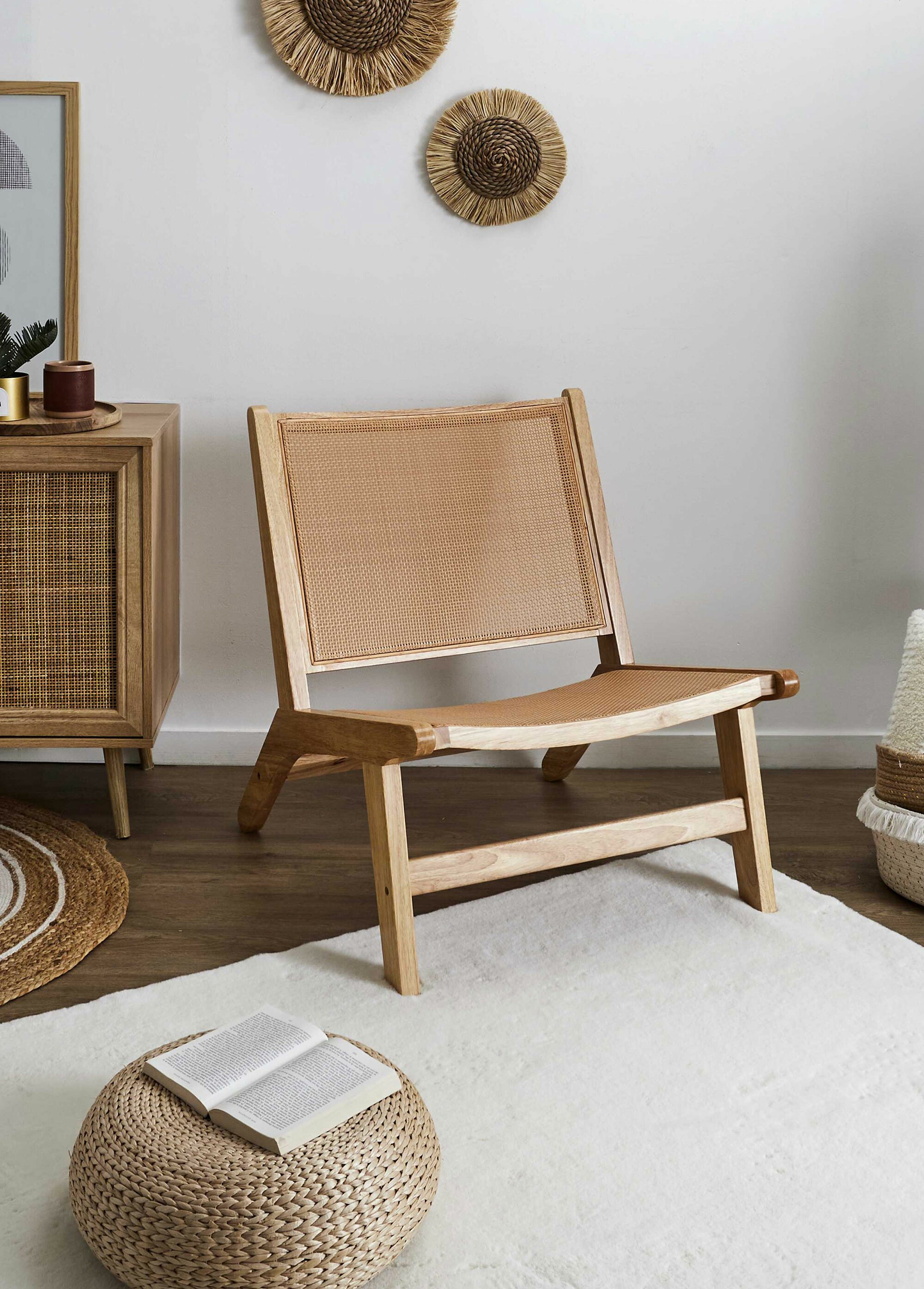 Fauteuil large et bas, bois et cannage BEIGE CMP-HD0333 SI1